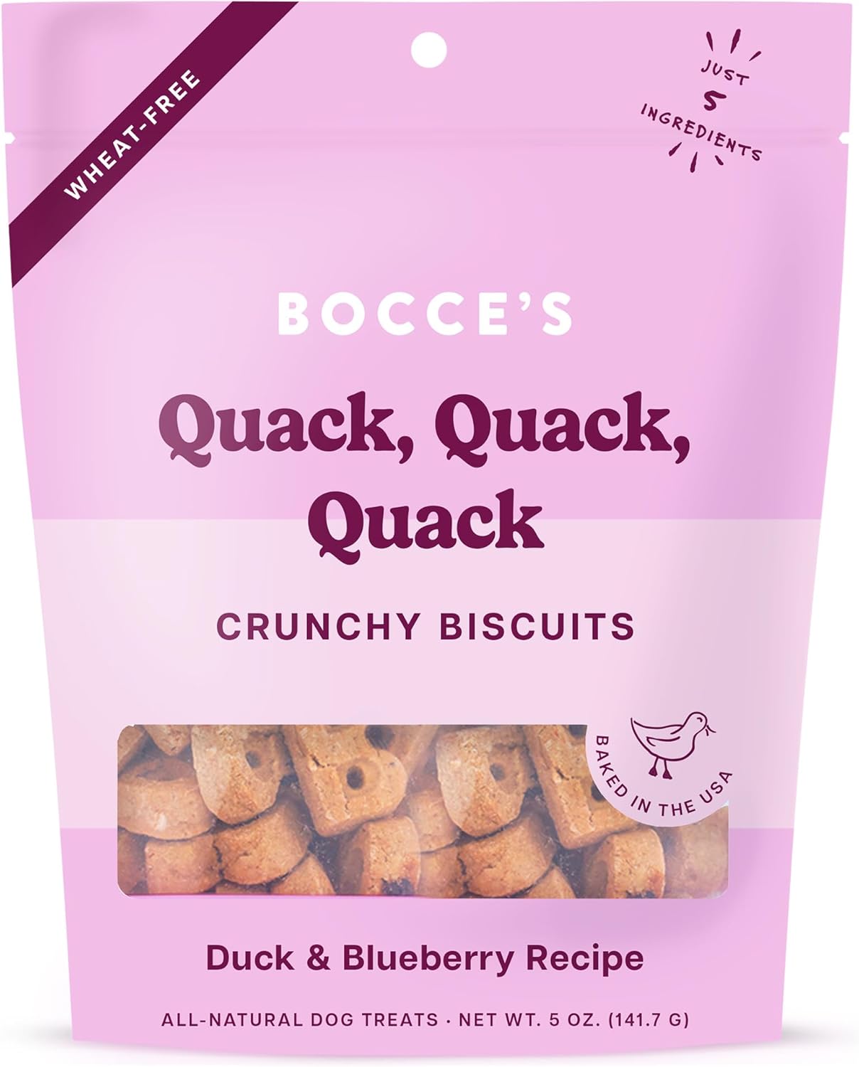 Bocce’s Bakery Oven Baked Quack, Quack Treats for Dogs, Everyday Wheat-Free Dog Treats, Made with Real Ingredients, in The USA, All-Natural Duck & Blueberry Biscuits, 5 oz Bocce’s Bakery Oven Baked Quack, Quack Treats for Dogs, Everyday Wheat-Free Dog Treats, Made with Real Ingredients, in The USA, All-Natural Duck & Blueberry Biscuits, 5 oz