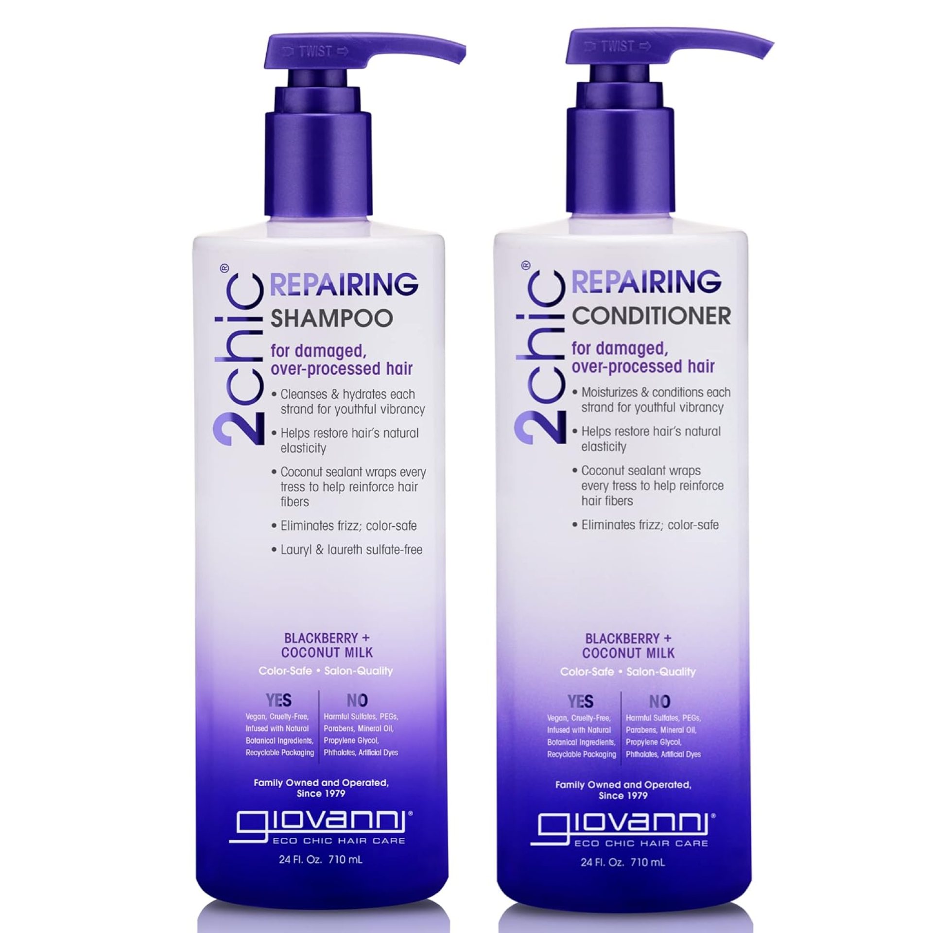 GIOVANNI 2chic Ultra-Repairing Shampoo & Conditioner Set – For Damaged, Over-Processed Hair, Helps Restore Hair’s Natural Elasticity, Blackberry & Coconut Oil, Shea Butter, Color Safe – 24 oz. Each GIOVANNI 2chic Ultra-Repairing Shampoo & Conditioner Set – For Damaged, Over-Processed Hair, Helps Restore Hair’s Natural Elasticity, Blackberry & Coconut Oil, Shea Butter, Color Safe – 24 oz. Each
