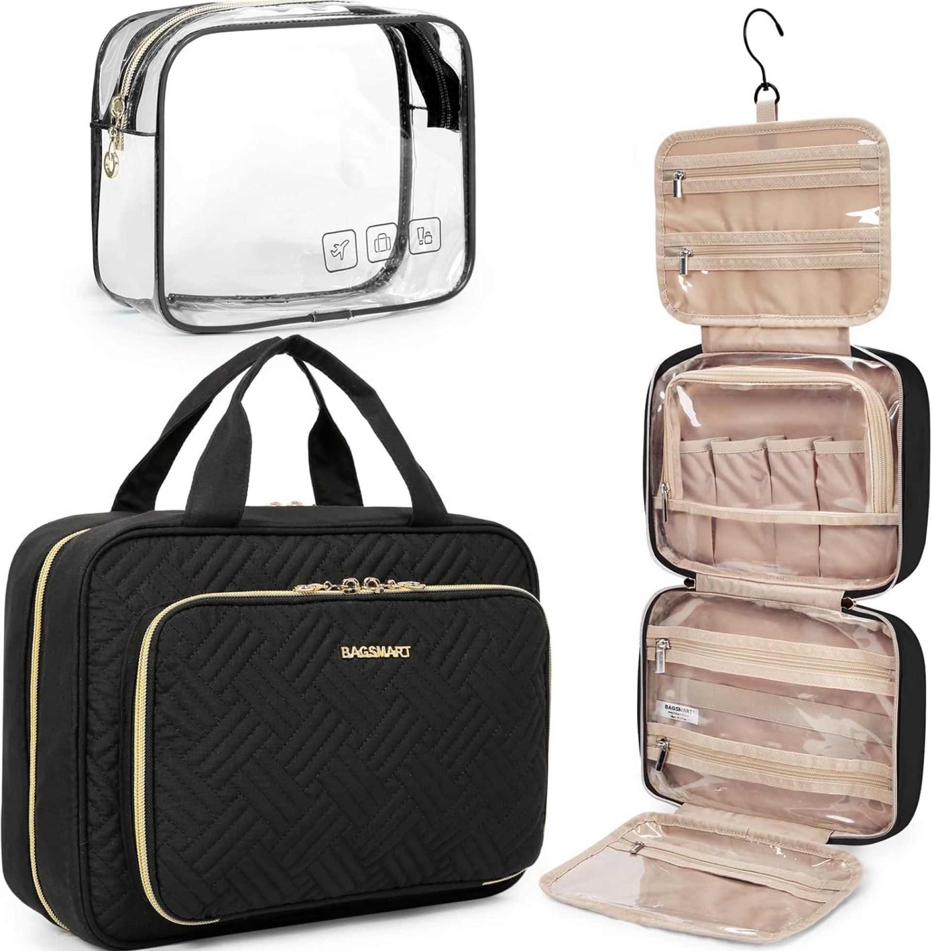 BAGSMART Toiletry Bag Hanging Travel Makeup Organizer with TSA Approved Transparent Cosmetic Bag Makeup Bag for Full Sized Toiletries, Medium-Black BAGSMART Toiletry Bag Hanging Travel Makeup Organizer with TSA Approved Transparent Cosmetic Bag Makeup Bag for Full Sized Toiletries, Medium-Black