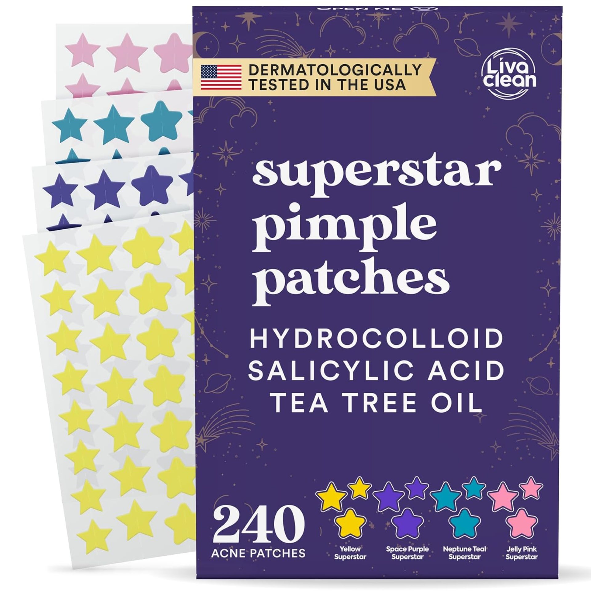 LivaClean Star Pimple Patches for Face w/Hydrocolloid, Salicylic Acid & Tea Tree, 240 Patches, Hydrocolloid Acne Patch, Cute Star Pimple Patch for Healing Stickers Zit Superstar LivaClean Star Pimple Patches for Face w/Hydrocolloid, Salicylic Acid & Tea Tree, 240 Patches, Hydrocolloid Acne Patch, Cute Star Pimple Patch for Healing Stickers Zit Superstar
