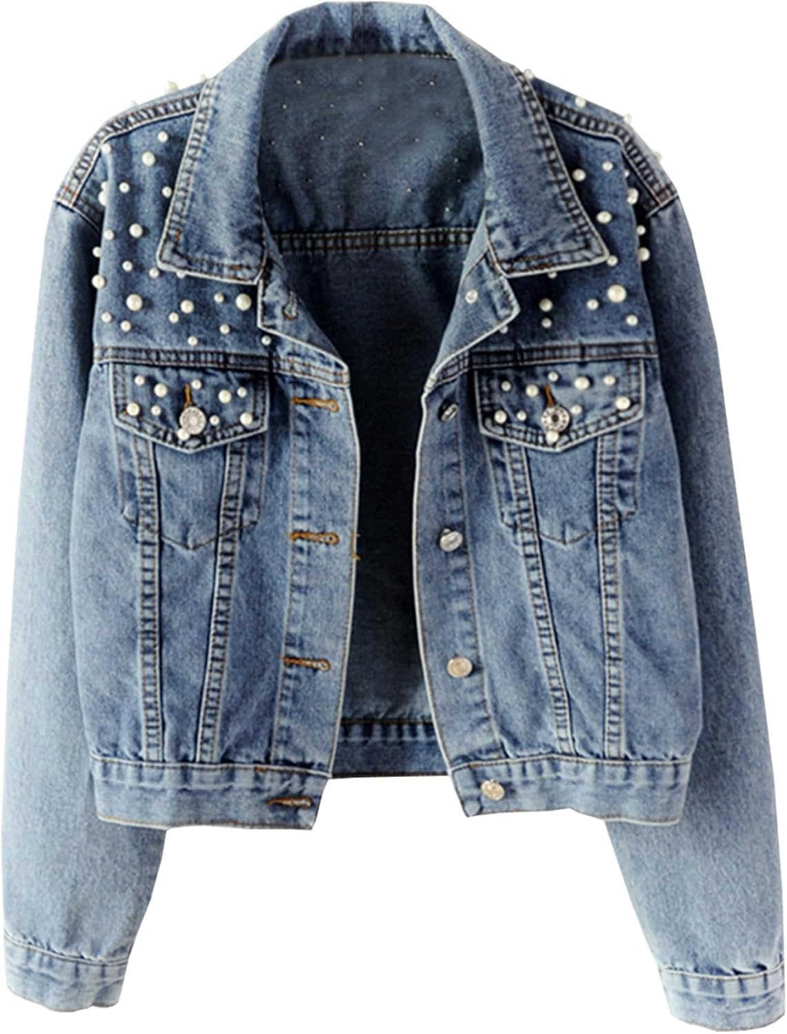Hixiaohe Women Loose Embroidered Pearls Beading Cropped Denim Jacket Jean Coat Hixiaohe Women Loose Embroidered Pearls Beading Cropped Denim Jacket Jean Coat