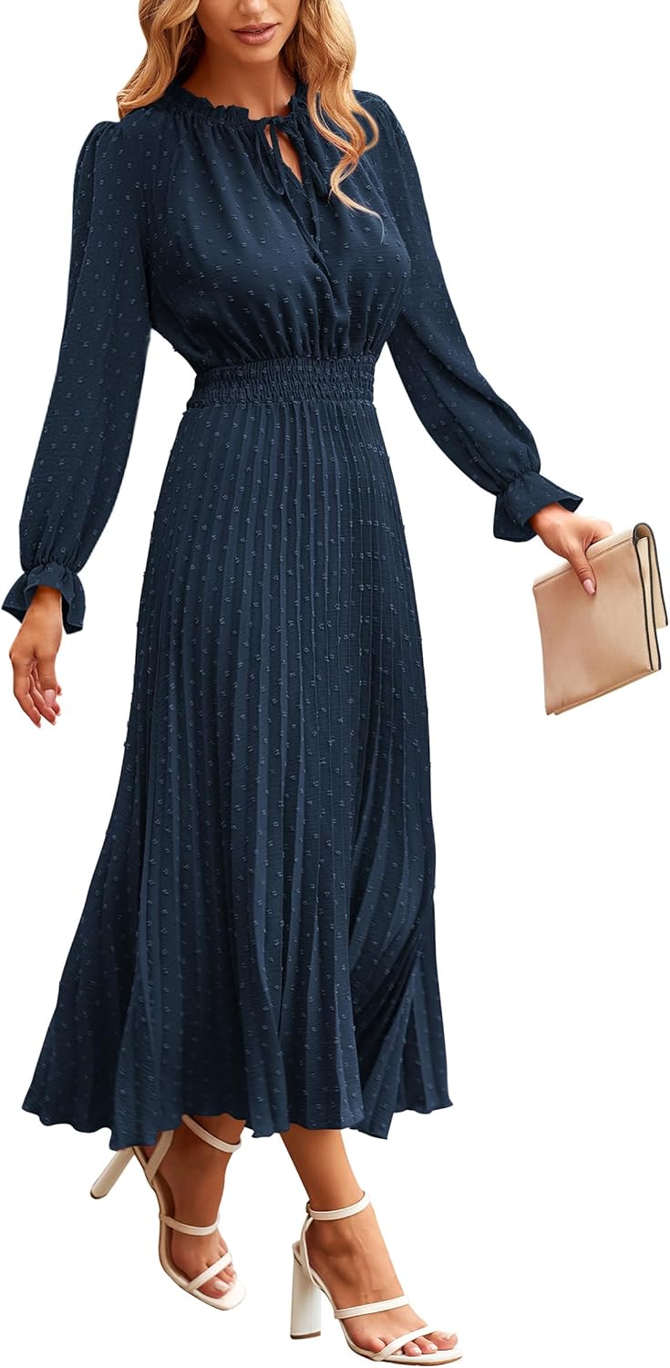 PRETTYGARDEN Women’s 2025 Spring Fall Midi Dress Casual Long Sleeve V Neck Swiss Dot Pleated A Line Flowy Dresses PRETTYGARDEN Women’s 2025 Spring Fall Midi Dress Casual Long Sleeve V Neck Swiss Dot Pleated A Line Flowy Dresses