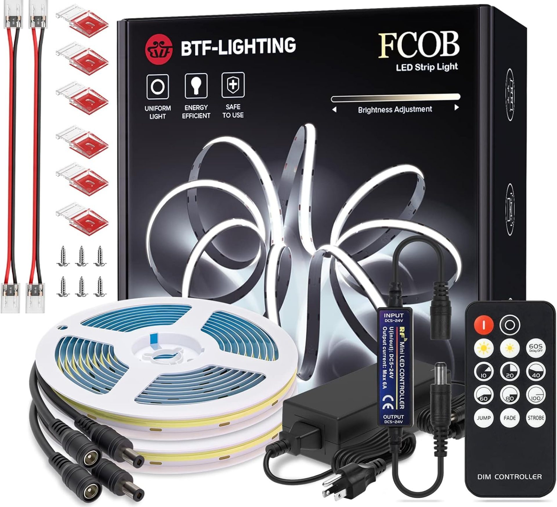 BTF-LIGHTING FCOB 24V Kit Flexible High Density LED Lights 2X16.4FT 8mm Width 6000K 16.4Ft RF14 keys dimmable Controller FOB CRI90 LED Strips For Bedroom Kitchen Home Indoor Cool White With AC Adapter BTF-LIGHTING FCOB 24V Kit Flexible High Density LED Lights 2X16.4FT 8mm Width 6000K 16.4Ft RF14 keys dimmable Controller FOB CRI90 LED Strips For Bedroom Kitchen Home Indoor Cool White With AC Adapter