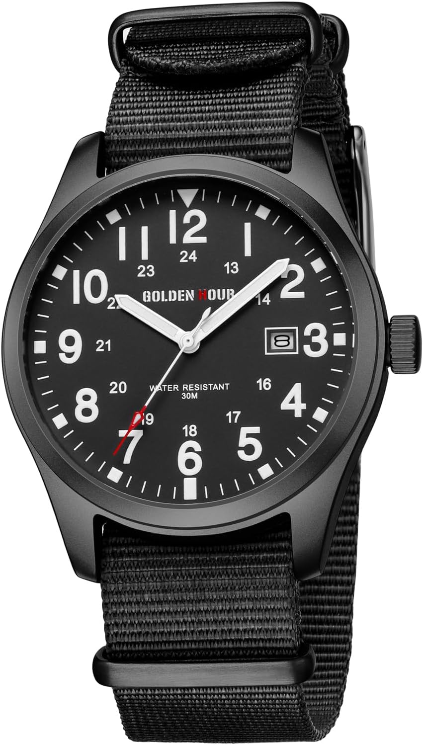 GOLDEN HOUR Men’s Nylon Slip-Thru Strap Watch with Military Time Easy Read Dial Glowing Hands GOLDEN HOUR Men’s Nylon Slip-Thru Strap Watch with Military Time Easy Read Dial Glowing Hands