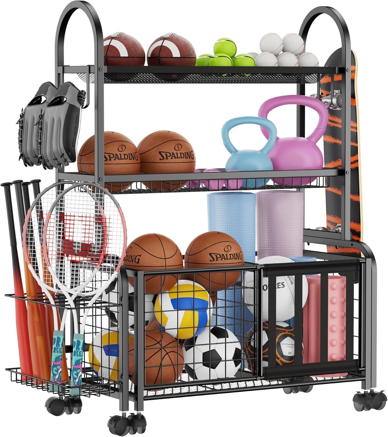 Garage Ball Storage, 2 in 1 Garage Sports Equipment Organizer, Ball Storage Rack, Garage Organizer with Basket and Hooks, Individually Movable Rolling Sports Ball Organizer Cart, Black Garage Ball Storage, 2 in 1 Garage Sports Equipment Organizer, Ball Storage Rack, Garage Organizer with Basket and Hooks, Individually Movable Rolling Sports Ball Organizer Cart, Black