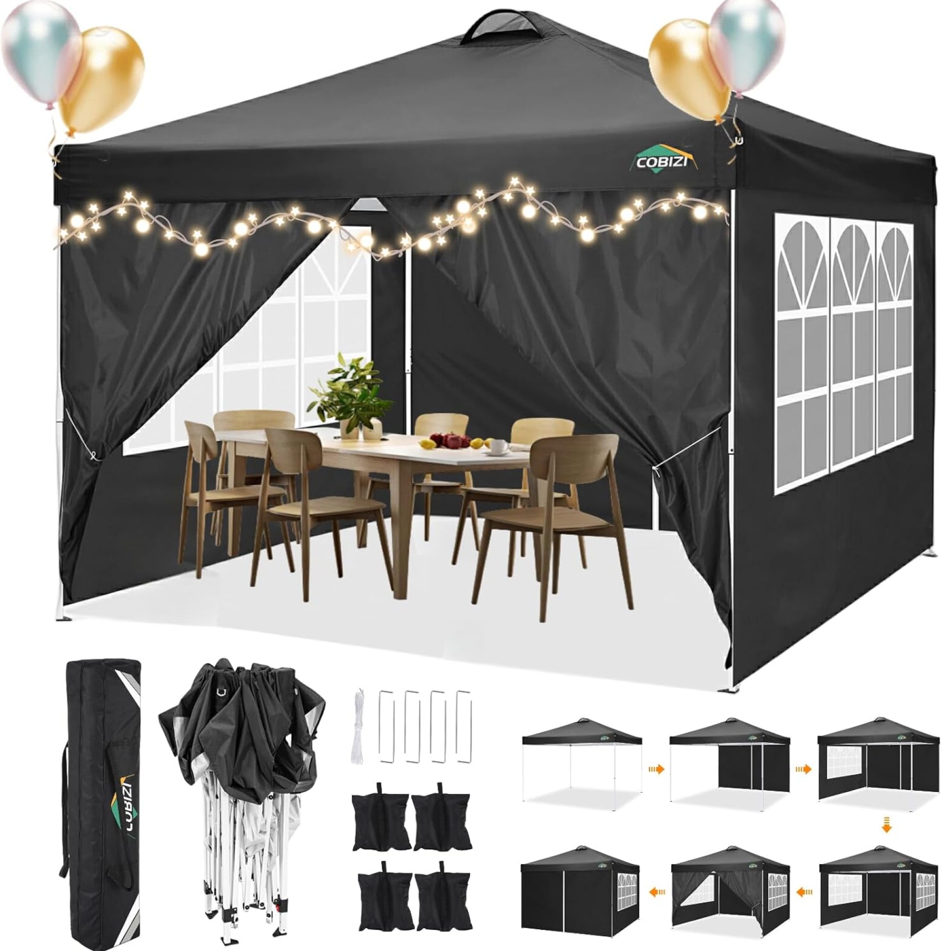 COBlZI 10×10 Pop Up Canopy Tent with 4 Removable Sidewalls,Waterproof Commercial Easy Adjustable Gazebo Tent with Air Vent, 4 Sandbags,4 Stakes & 8 Ropes(Tents for Party/Exhibition-Black COBlZI 10×10 Pop Up Canopy Tent with 4 Removable Sidewalls,Waterproof Commercial Easy Adjustable Gazebo Tent with Air Vent, 4 Sandbags,4 Stakes & 8 Ropes(Tents for Party/Exhibition-Black