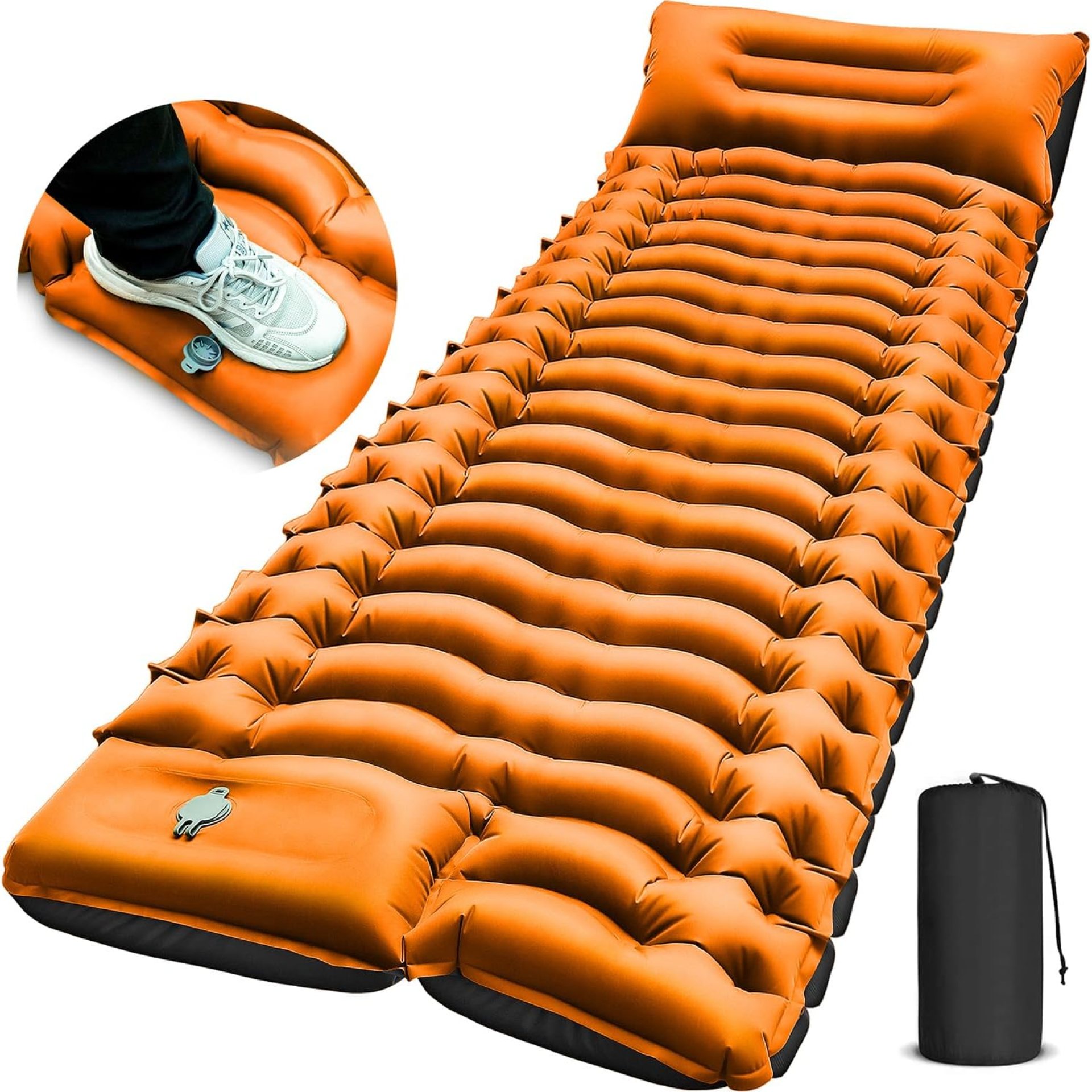 Camping Sleeping Pad, Ultralight Camping Mat with Pillow, Integrated Foot Pump Inflatable Sleeping Mat, Compact Size for Camping, Backpacking, Hiking – Orange Camping Sleeping Pad, Ultralight Camping Mat with Pillow, Integrated Foot Pump Inflatable Sleeping Mat, Compact Size for Camping, Backpacking, Hiking – Orange