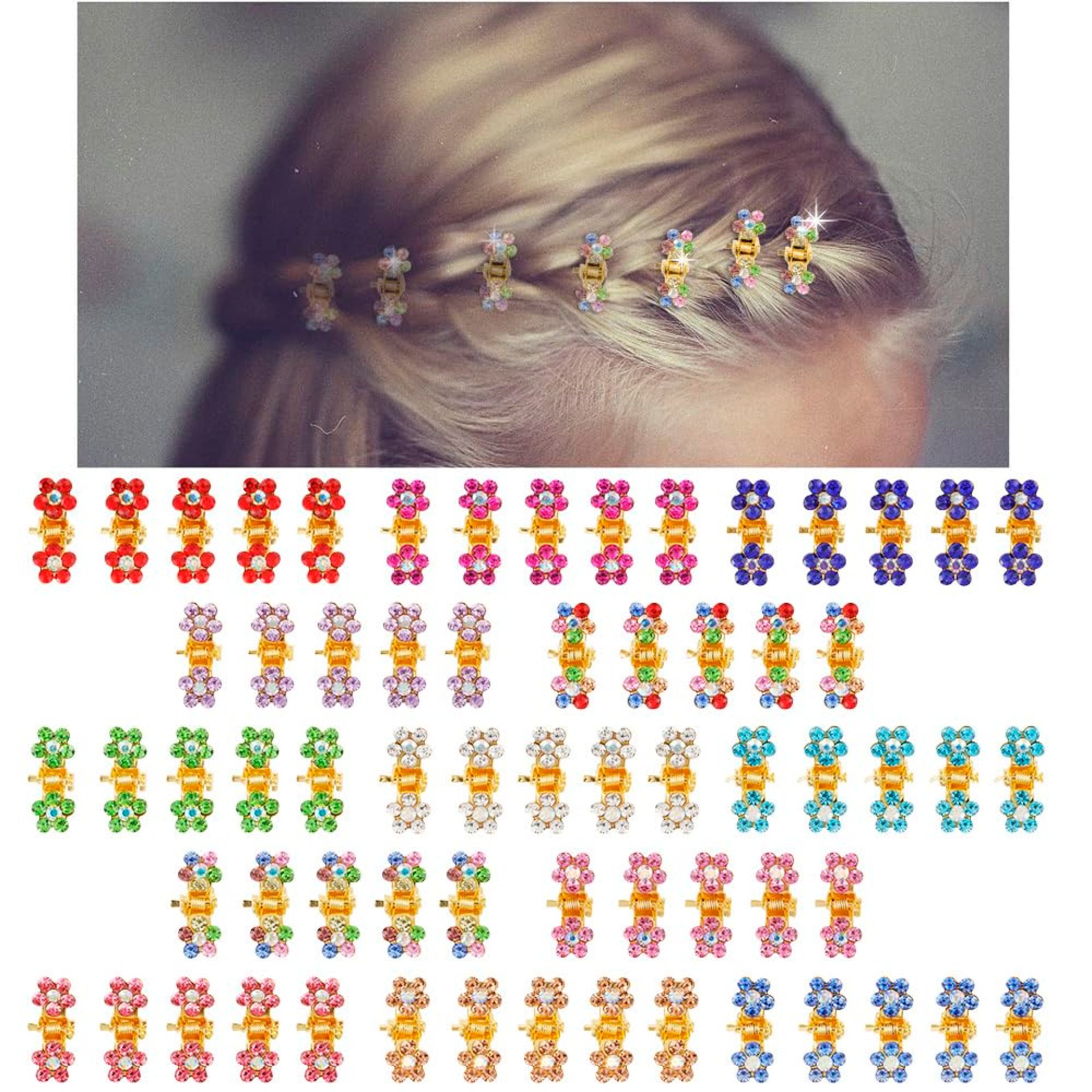 Mini Glitter Rhinestone Flower Hair Accessories – No-Slip Grip Claw Clamps and Metal Clamps in Mixed Colors for Girls Women (Gold-13Colors) Mini Glitter Rhinestone Flower Hair Accessories – No-Slip Grip Claw Clamps and Metal Clamps in Mixed Colors for Girls Women (Gold-13Colors)