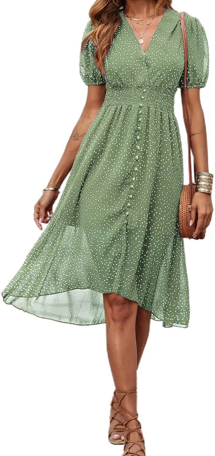 PRETTYGARDEN Women’s Floral Wrap V-Neck Midi Dress Short Sleeve Boho Summer Beach Long Dress High Low Hem Smocked Dress Women PRETTYGARDEN Women’s Floral Wrap V-Neck Midi Dress Short Sleeve Boho Summer Beach Long Dress High Low Hem Smocked Dress Women
