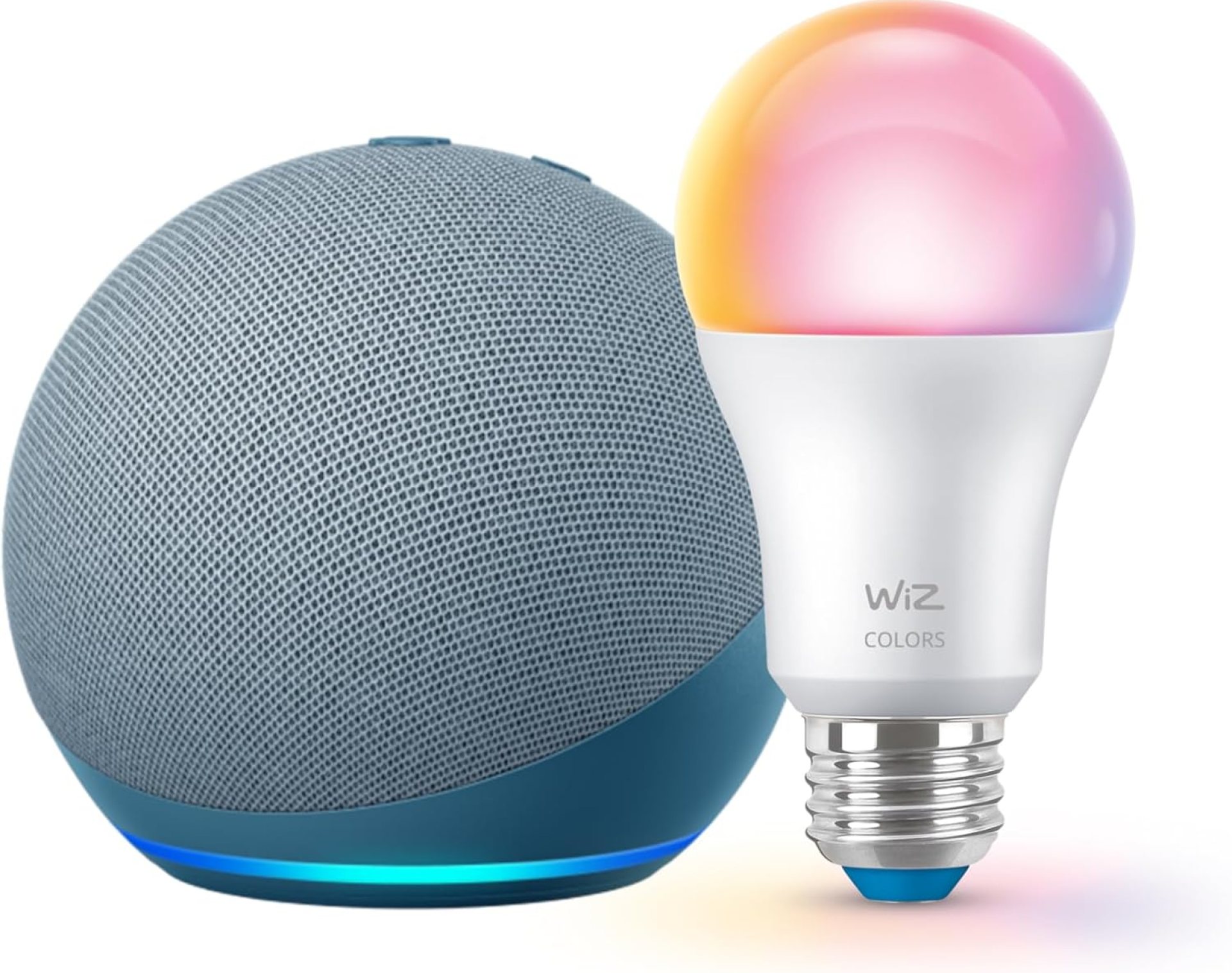 Echo Dot (newest model) with WiZ 60W A19 LED Smart Color Bulb – Connects to Your Wi-Fi – E26 Base – Control with Voice or App – Matter Compatible Echo Dot (newest model) with WiZ 60W A19 LED Smart Color Bulb – Connects to Your Wi-Fi – E26 Base – Control with Voice or App – Matter Compatible