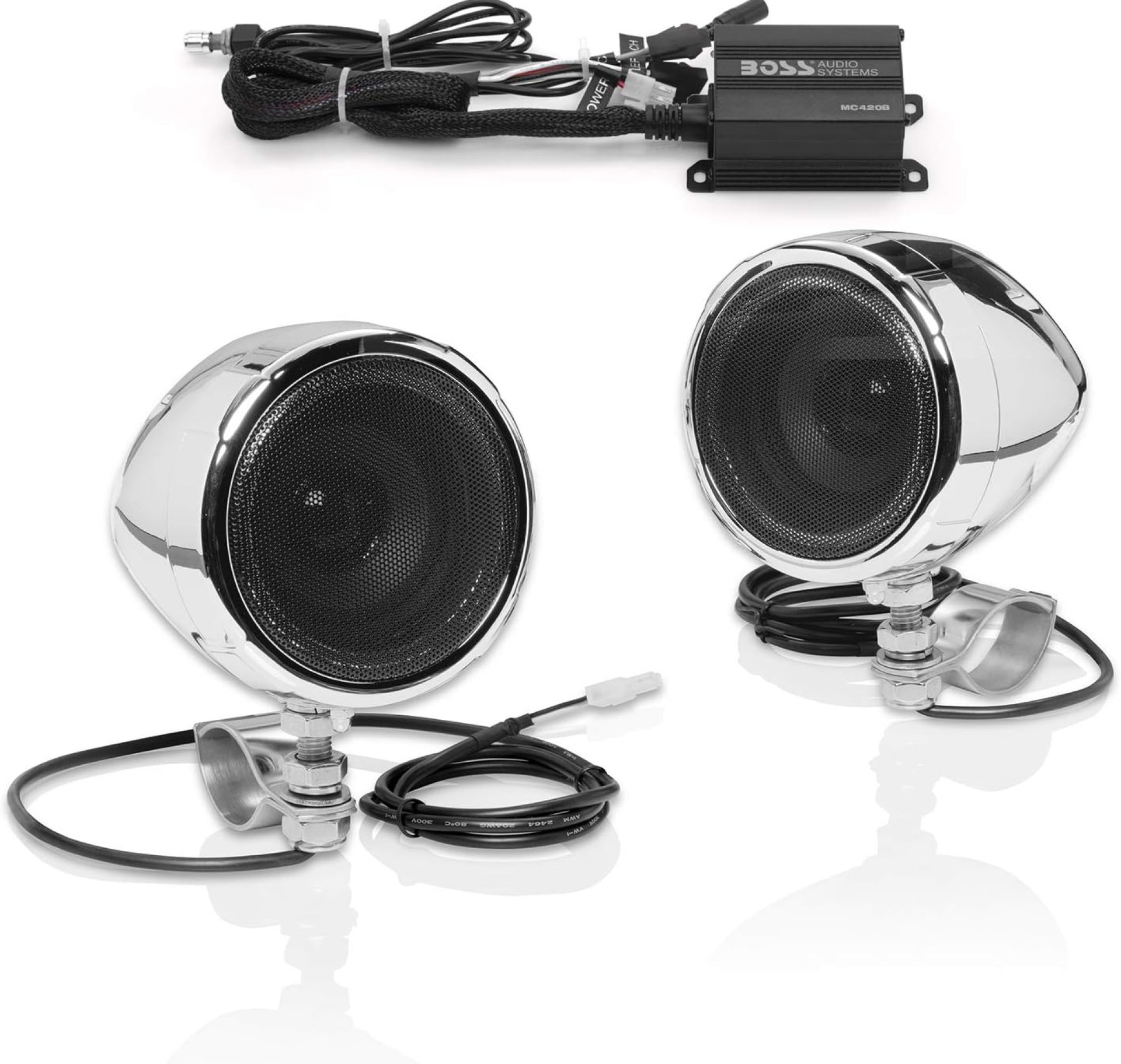 BOSS Audio Systems MC420B 3 Inch Motorcycle Speakers and Amplifier Audio Sound System – Class D Compact Amplifier, Weatherproof, Volume Control, ATV UTV Compatible, For Stereo, Tweeters BOSS Audio Systems MC420B 3 Inch Motorcycle Speakers and Amplifier Audio Sound System – Class D Compact Amplifier, Weatherproof, Volume Control, ATV UTV Compatible, For Stereo, Tweeters