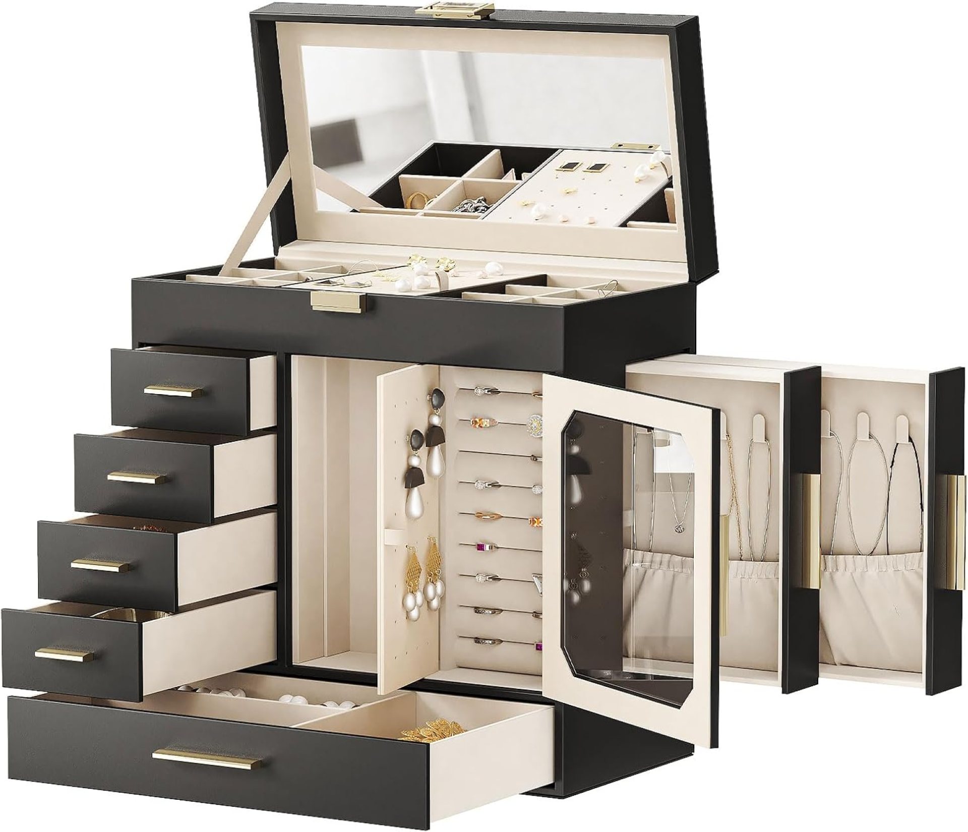 HOOBRO Jewelry Box with Mirror, Jewelry Organizer Box with Capacious Storage Space, Jewelry Holder Organizer, Hand-Held Jewelry Case, Glass Cover, Modern Style, Black and Light Gold BK06JB04G1 HOOBRO Jewelry Box with Mirror, Jewelry Organizer Box with Capacious Storage Space, Jewelry Holder Organizer, Hand-Held Jewelry Case, Glass Cover, Modern Style, Black and Light Gold BK06JB04G1