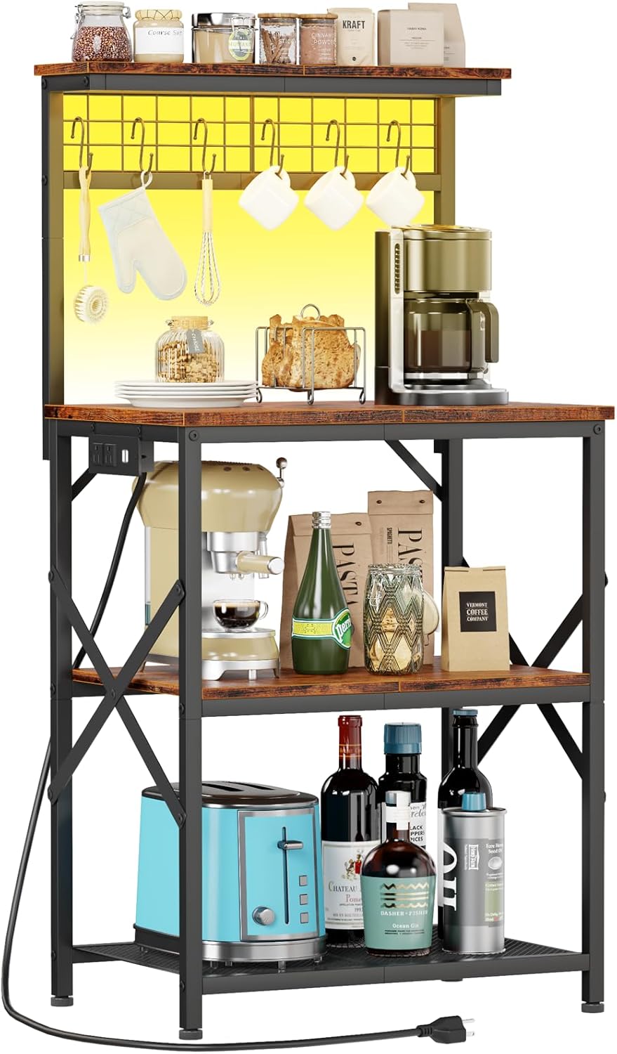 Furologee Bakers Rack with Power Outlet and LED Light, Small Microwave Stand with 4 Tier Shelves, Coffee Bar Station Table with 6 S Hooks, Kitchen Storage Rack for Spices, Pots, Rustic Brown Furologee Bakers Rack with Power Outlet and LED Light, Small Microwave Stand with 4 Tier Shelves, Coffee Bar Station Table with 6 S Hooks, Kitchen Storage Rack for Spices, Pots, Rustic Brown