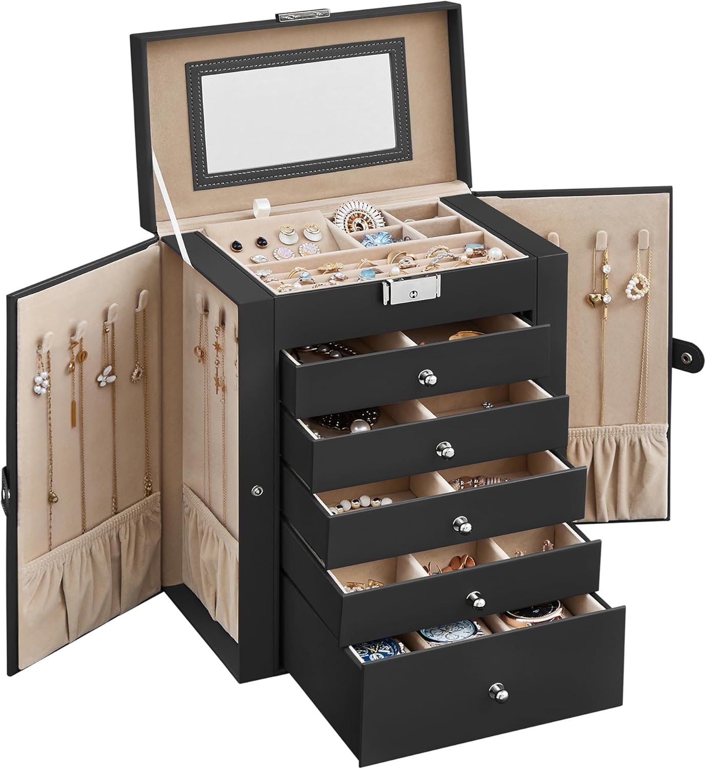 SONGMICS 6 Tier Jewelry Box, Jewelry Storage Organizer with 5 Drawers, Large Storage Capacity, with Mirror, Lockable, Jewelry Case, Gift for Loved Ones, For Watches, Black UJBC152B01 SONGMICS 6 Tier Jewelry Box, Jewelry Storage Organizer with 5 Drawers, Large Storage Capacity, with Mirror, Lockable, Jewelry Case, Gift for Loved Ones, For Watches, Black UJBC152B01