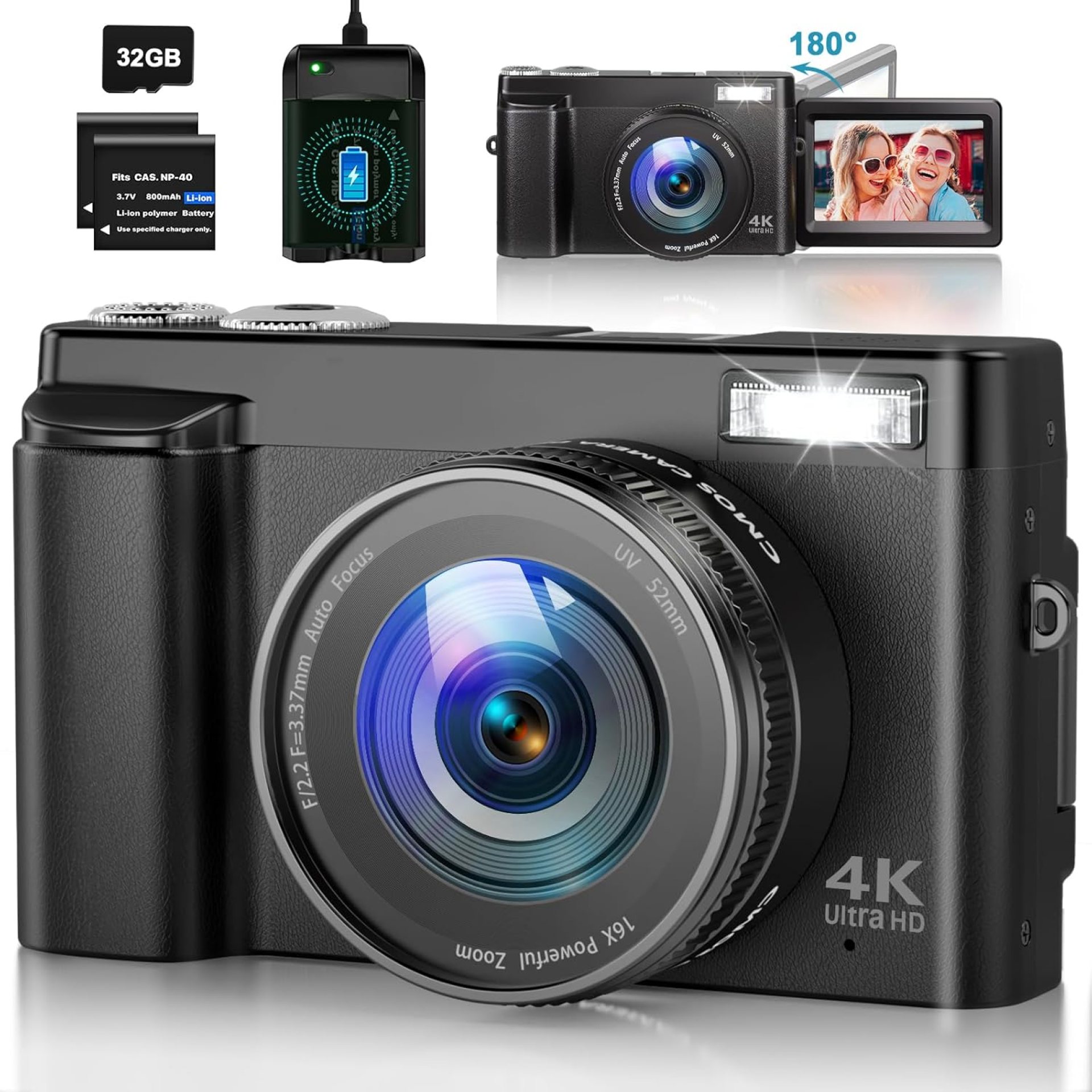 4K Digital Camera for Photography Autofocus 48MP Vlogging Camera for YouTube with SD Card 16X Digital Zoom Compact Camera, 3 Inch 180°Flip Screen, Flash, Anti-Shake, 2 Batteries 4K Digital Camera for Photography Autofocus 48MP Vlogging Camera for YouTube with SD Card 16X Digital Zoom Compact Camera, 3 Inch 180°Flip Screen, Flash, Anti-Shake, 2 Batteries