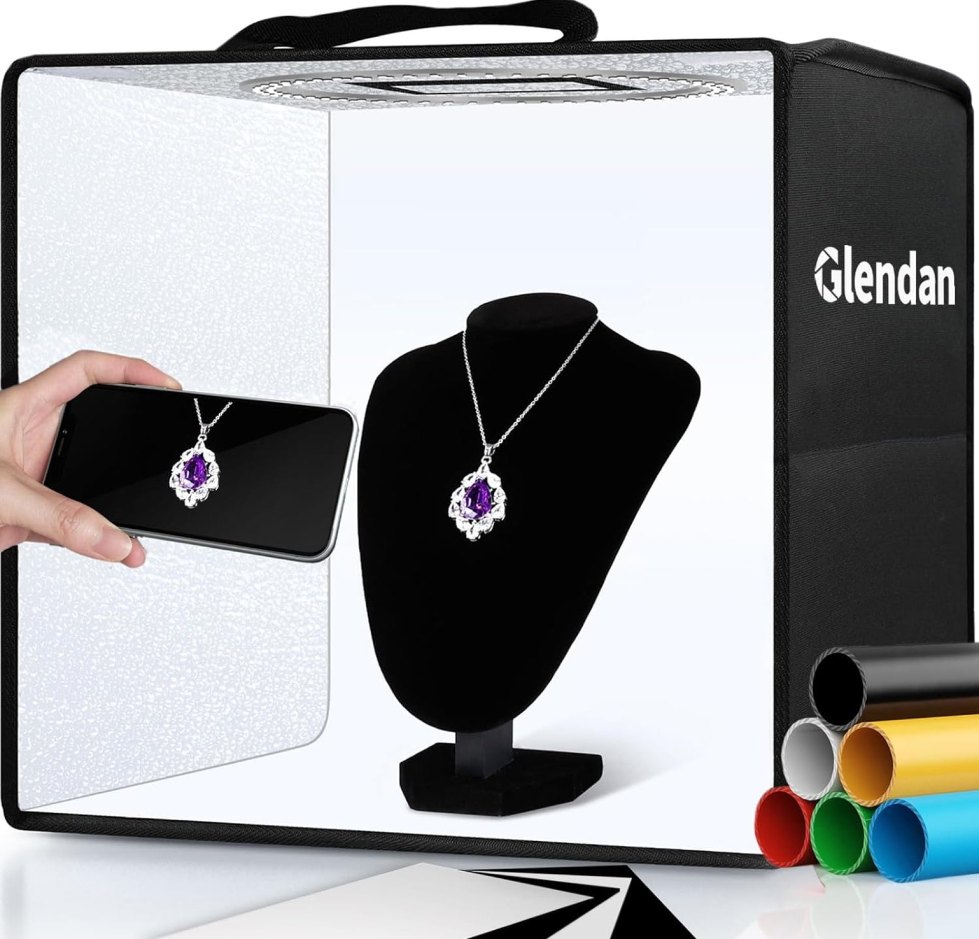 Glendan Portable Photo Studio Light Box,12″x12″ Professional Dimmable Shooting Tent Kit with 112 LED Lights & 6 Backdrops for Jewelry and Small Items Product Photography Glendan Portable Photo Studio Light Box,12″x12″ Professional Dimmable Shooting Tent Kit with 112 LED Lights & 6 Backdrops for Jewelry and Small Items Product Photography
