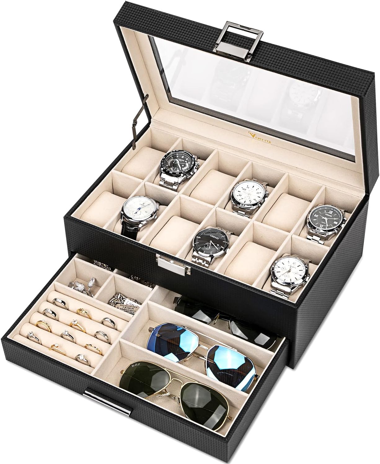Voova Jewelry Box Organizer for Men Women, 2 Layer Large 12 Slot PU Leather Watch Storage Case, Glass Top Jewelry Display Holder for Watches Sunglasses Rings Necklaces Bracelets,Black Voova Jewelry Box Organizer for Men Women, 2 Layer Large 12 Slot PU Leather Watch Storage Case, Glass Top Jewelry Display Holder for Watches Sunglasses Rings Necklaces Bracelets,Black