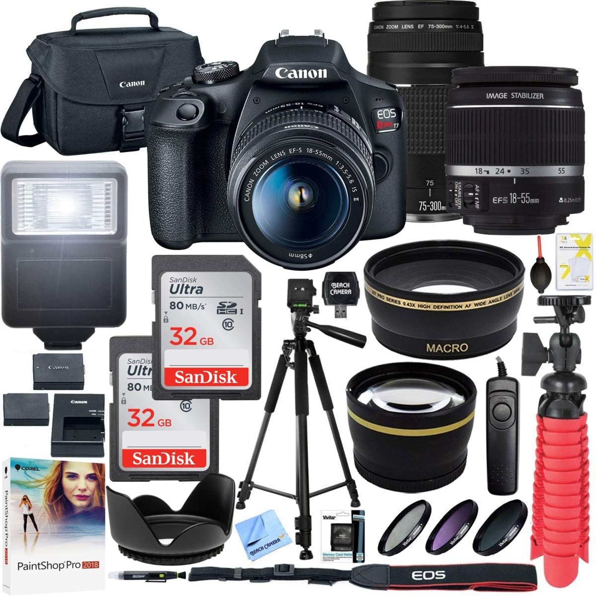 Canon T7 EOS Rebel DSLR Camera with EF-S 18-55mm f/3.5-5.6 is II and EF 75-300mm f/4-5.6 III Lens and Two (2) 32GB SDHC Memory Cards Plus Double Battery Accessory Bundle Canon T7 EOS Rebel DSLR Camera with EF-S 18-55mm f/3.5-5.6 is II and EF 75-300mm f/4-5.6 III Lens and Two (2) 32GB SDHC Memory Cards Plus Double Battery Accessory Bundle
