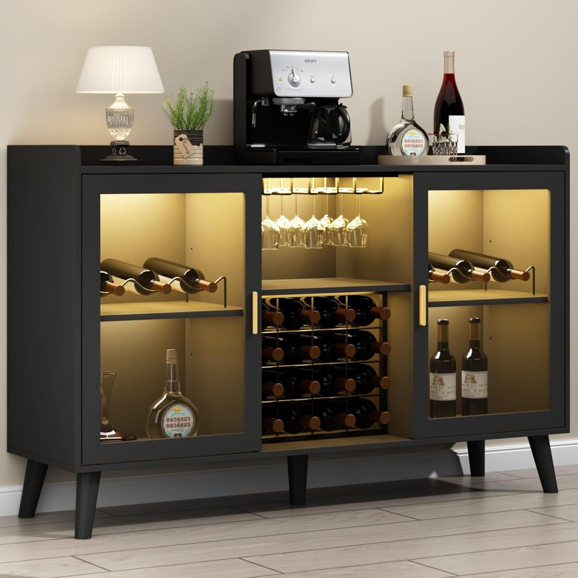 Loomie Wine Bar Cabinet with LED Light, Home Coffee Cabinet with Wine Rack and Glass Holder, Kitchen Buffet Sideboard W Storage Shelf, Freestanding Liquor Cabinet for Living Room, Dining Room (Black) Loomie Wine Bar Cabinet with LED Light, Home Coffee Cabinet with Wine Rack and Glass Holder, Kitchen Buffet Sideboard W Storage Shelf, Freestanding Liquor Cabinet for Living Room, Dining Room (Black)