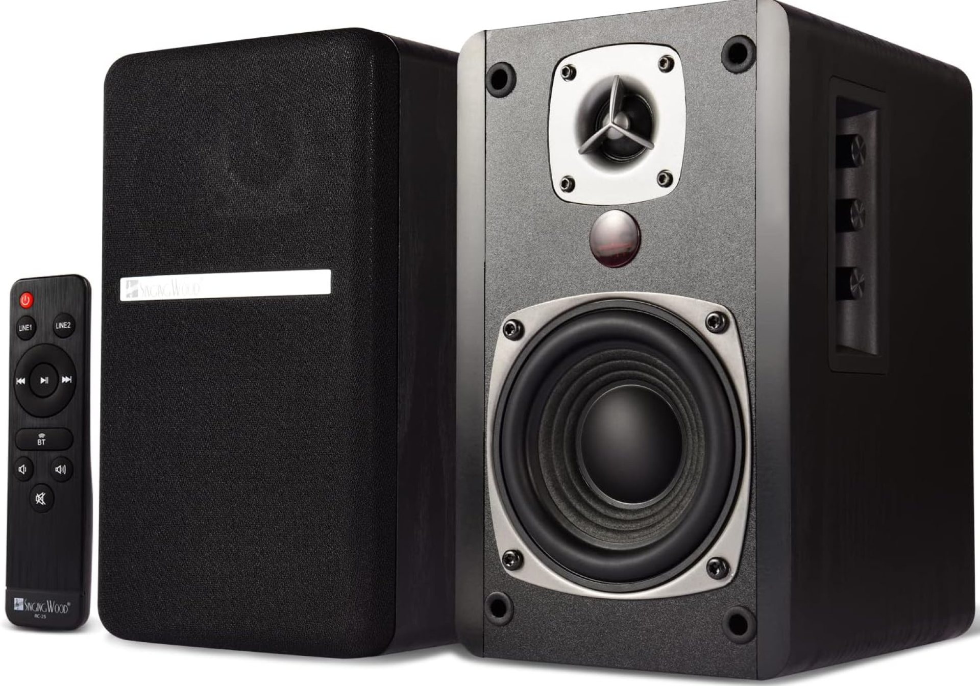 SINGING WOOD BT27 Active Powered Bluetooth Bookshelf Speakers for Studio Monitor TV Turntable Computer- 60 Watts RMS – Wood Grain Finish (Black) SINGING WOOD BT27 Active Powered Bluetooth Bookshelf Speakers for Studio Monitor TV Turntable Computer- 60 Watts RMS – Wood Grain Finish (Black)