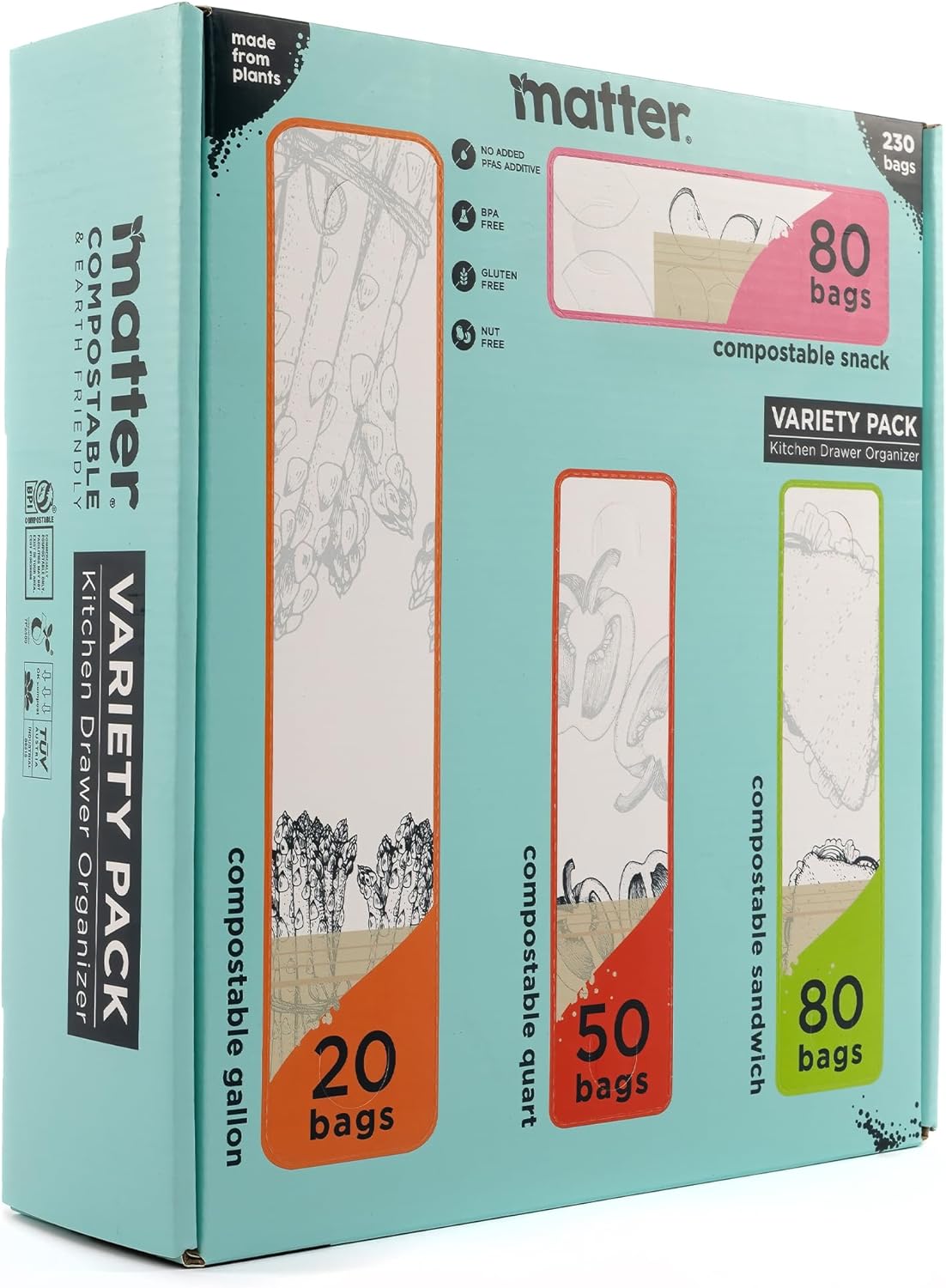 Matter Assorted Kitchen Bags 230 Count, Certified Compostable Biodegradable Eco-Friendly, Resealable Food Storage Bags, Variety Pack, 80 Snack Bags, 80 Sandwich Bags, 50 Quart Bags, 20 Gallon Bags Matter Assorted Kitchen Bags 230 Count, Certified Compostable Biodegradable Eco-Friendly, Resealable Food Storage Bags, Variety Pack, 80 Snack Bags, 80 Sandwich Bags, 50 Quart Bags, 20 Gallon Bags