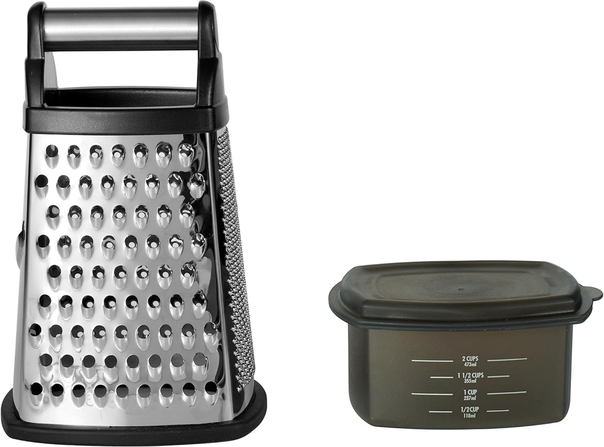 KitchenAid Gourmet 4-Sided Stainless Steel Box Grater for Fine, Medium and Coarse Grate, and Slicing, Detachable 3 Cup Storage Container and Measurment Markings, Dishwasher Safe, 10 inches tall, Black KitchenAid Gourmet 4-Sided Stainless Steel Box Grater for Fine, Medium and Coarse Grate, and Slicing, Detachable 3 Cup Storage Container and Measurment Markings, Dishwasher Safe, 10 inches tall, Black