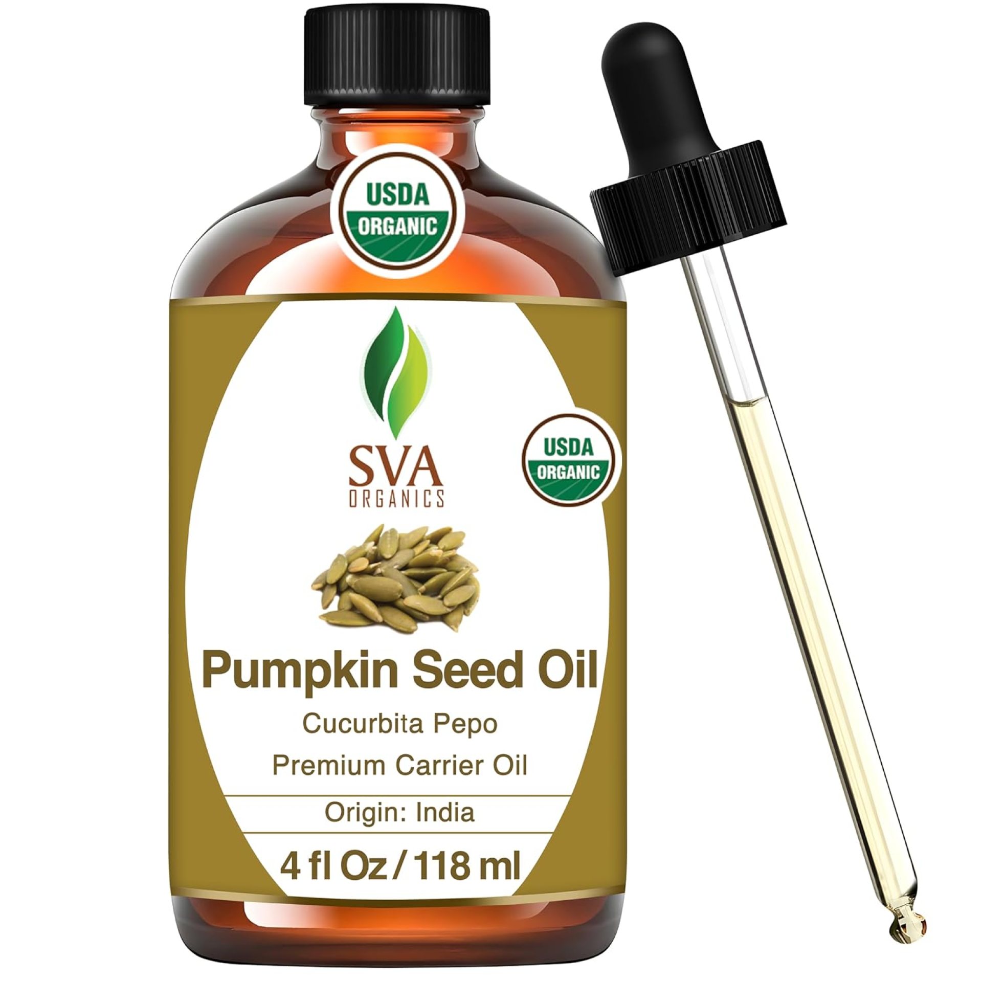 SVA Pumpkin Seed Oil Organic – 4 Fl Oz – 100% Natural Cold Pressed Organic Pumpkin oil – for Face, Skin Care, Hair Care, Scalp Massage & Body Massage – Carrier Oil with Dropper SVA Pumpkin Seed Oil Organic – 4 Fl Oz – 100% Natural Cold Pressed Organic Pumpkin oil – for Face, Skin Care, Hair Care, Scalp Massage & Body Massage – Carrier Oil with Dropper