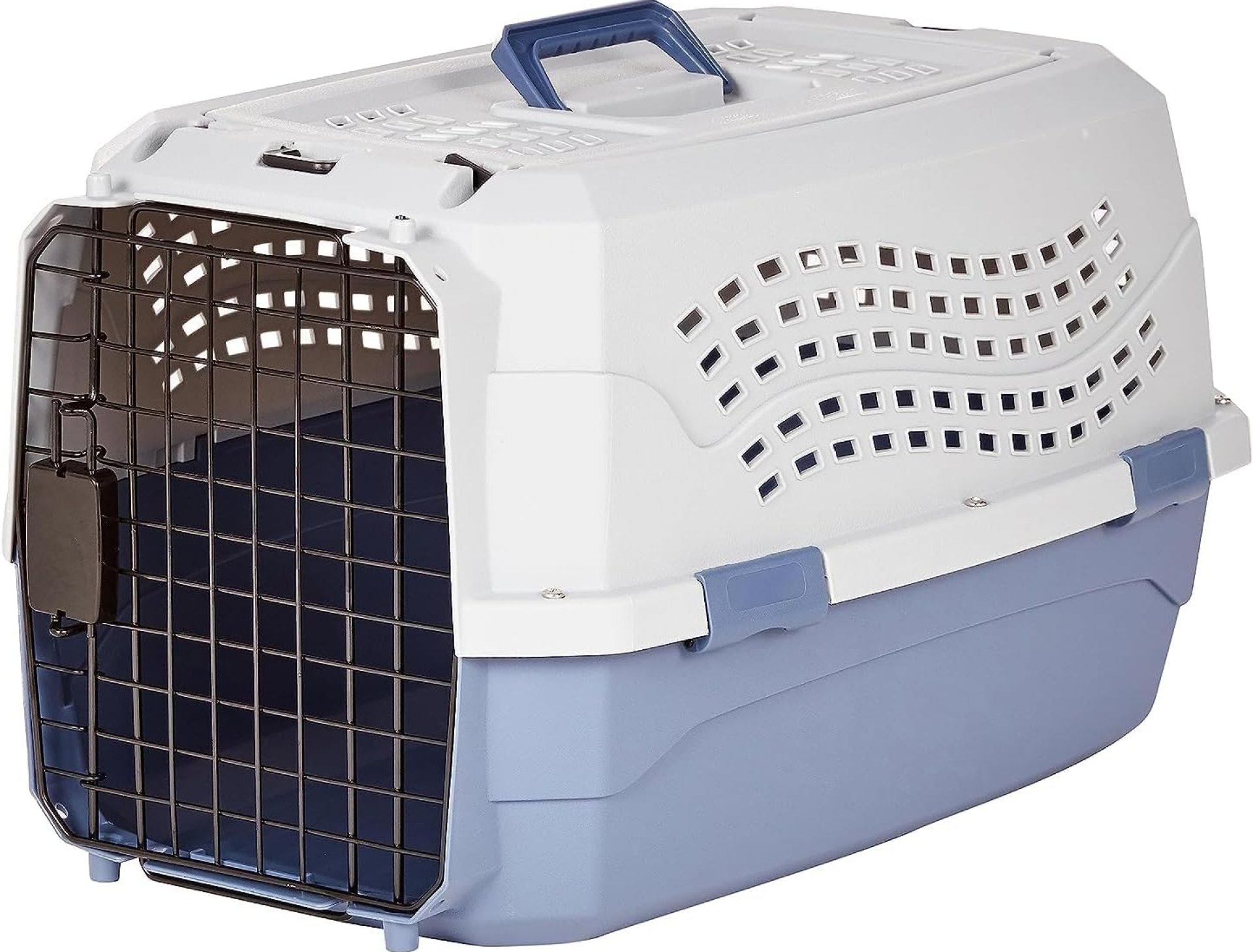 Amazon Basics 2-Door Top-Load Hard-Sided Dogs, Cats Pet Travel Carrier, Gray & Blue, 22.8″L x 15.0″W x 13.0″H Amazon Basics 2-Door Top-Load Hard-Sided Dogs, Cats Pet Travel Carrier, Gray & Blue, 22.8″L x 15.0″W x 13.0″H