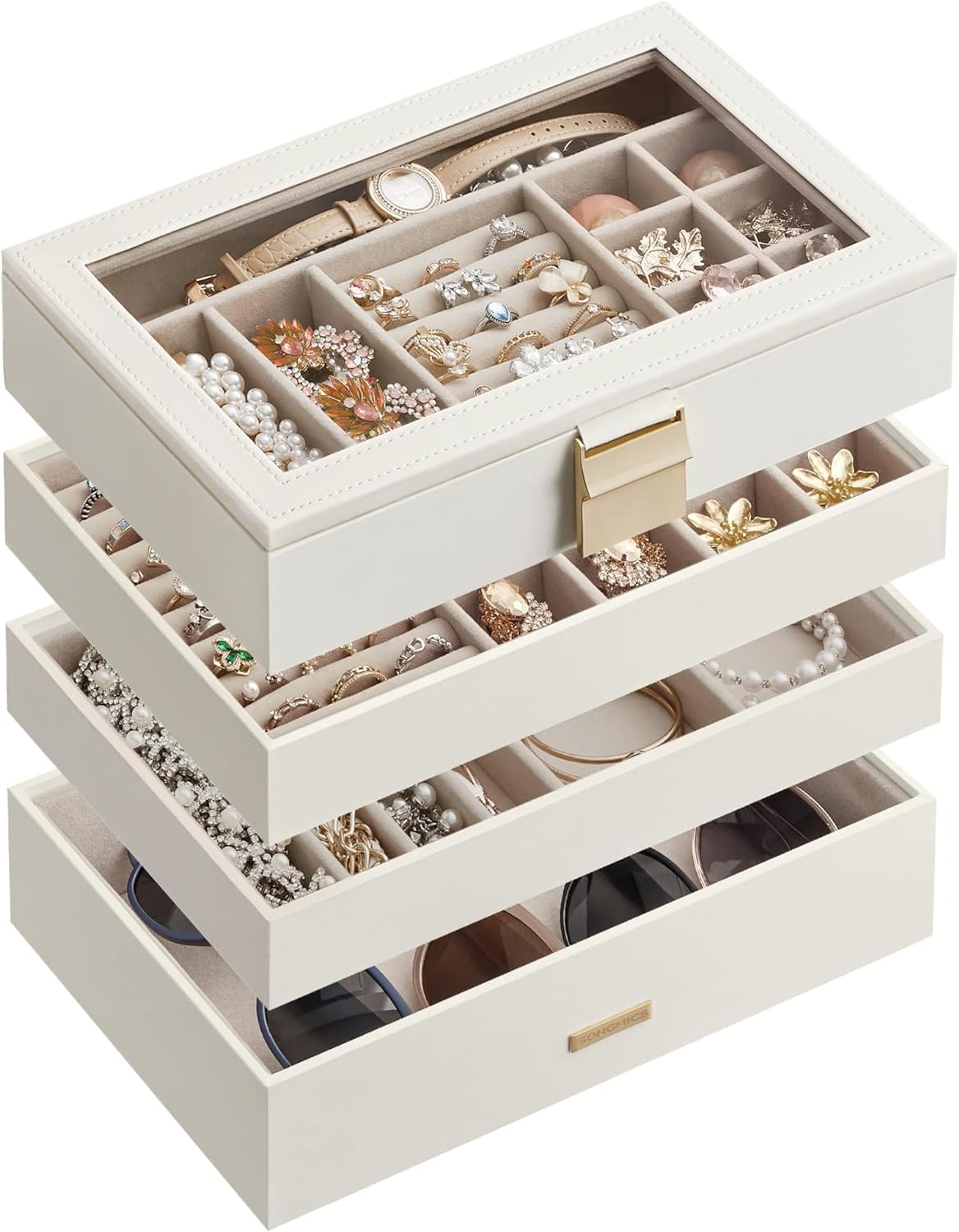 SONGMICS Stackable Jewelry Trays, 4-Tier Jewelry Box, Drawer Jewelry Organizer, with Glass Lid, Removable Dividers, for Vanity Table, 6.7 x 11 x 7.2 Inches, Gift Idea, Cloud White UJBC164W01 SONGMICS Stackable Jewelry Trays, 4-Tier Jewelry Box, Drawer Jewelry Organizer, with Glass Lid, Removable Dividers, for Vanity Table, 6.7 x 11 x 7.2 Inches, Gift Idea, Cloud White UJBC164W01