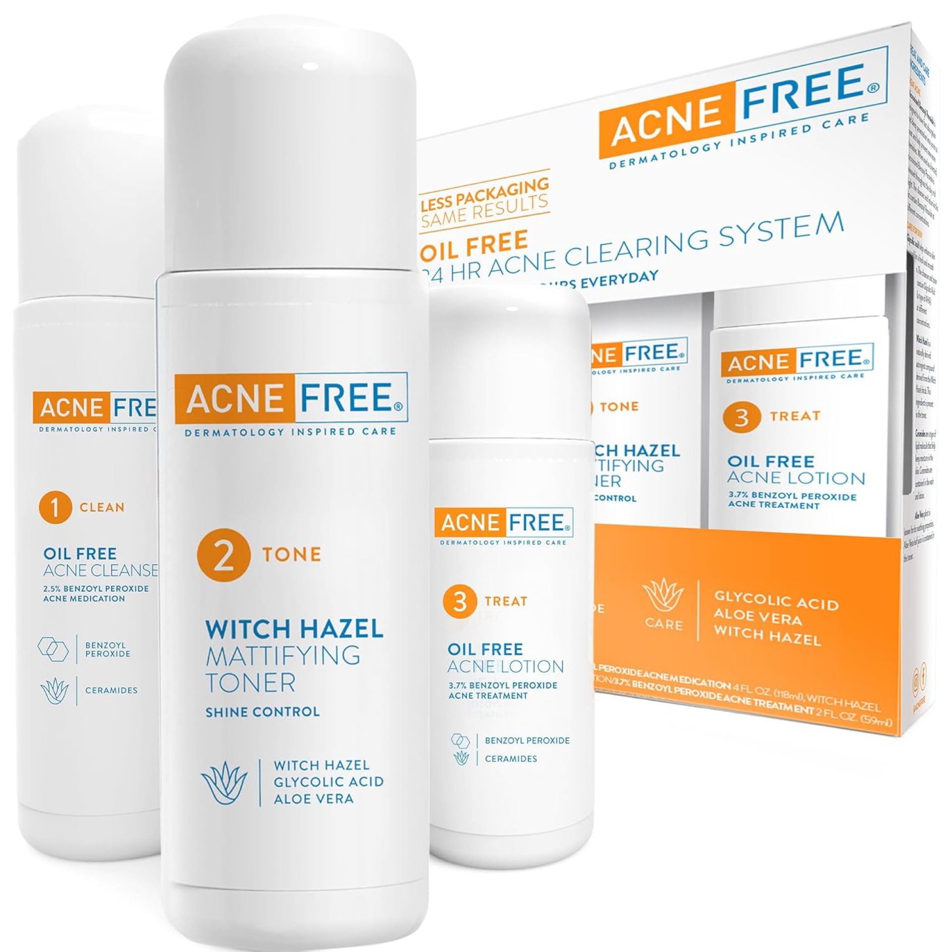 Acne Free 3 Step 24 Hour Acne Treatment Kit – Clearing System W Oil Free Acne Cleanser, Witch Hazel Toner, & Oil Free Acne Lotion – Acne Solution W/ Benzoyl Peroxide for Teens and Adults – Original Acne Free 3 Step 24 Hour Acne Treatment Kit – Clearing System W Oil Free Acne Cleanser, Witch Hazel Toner, & Oil Free Acne Lotion – Acne Solution W/ Benzoyl Peroxide for Teens and Adults – Original