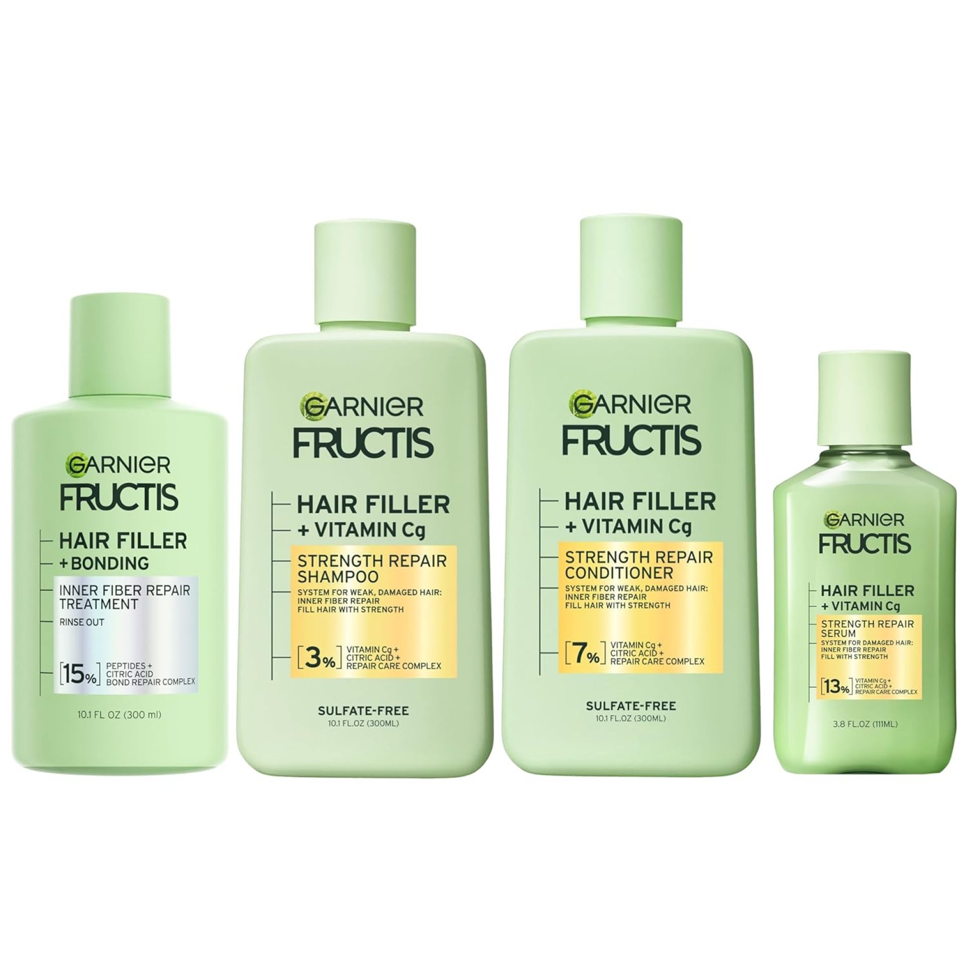 Garnier Fructis Hair Filler Bonding Pre-Shampoo Hair Treatment + Strength Repair Shampoo, Conditioner and Serum Set with Vitamin Cg, 4 Items, 1 Kit Garnier Fructis Hair Filler Bonding Pre-Shampoo Hair Treatment + Strength Repair Shampoo, Conditioner and Serum Set with Vitamin Cg, 4 Items, 1 Kit
