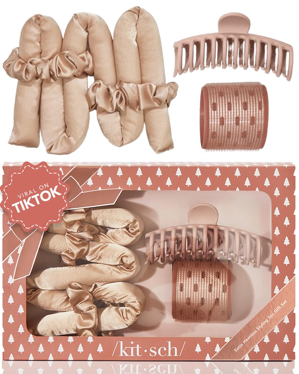Kitsch Satin Heatless Hair Curler Styling 5pc Gift Set – Satin Heatless Hair Curler w/ 2 Scrunchies, Ceramic Thermal Roller & Claw Clip, Gifts for Women, Hair Roller Styling & Accessories- Champagne Kitsch Satin Heatless Hair Curler Styling 5pc Gift Set – Satin Heatless Hair Curler w/ 2 Scrunchies, Ceramic Thermal Roller & Claw Clip, Gifts for Women, Hair Roller Styling & Accessories- Champagne