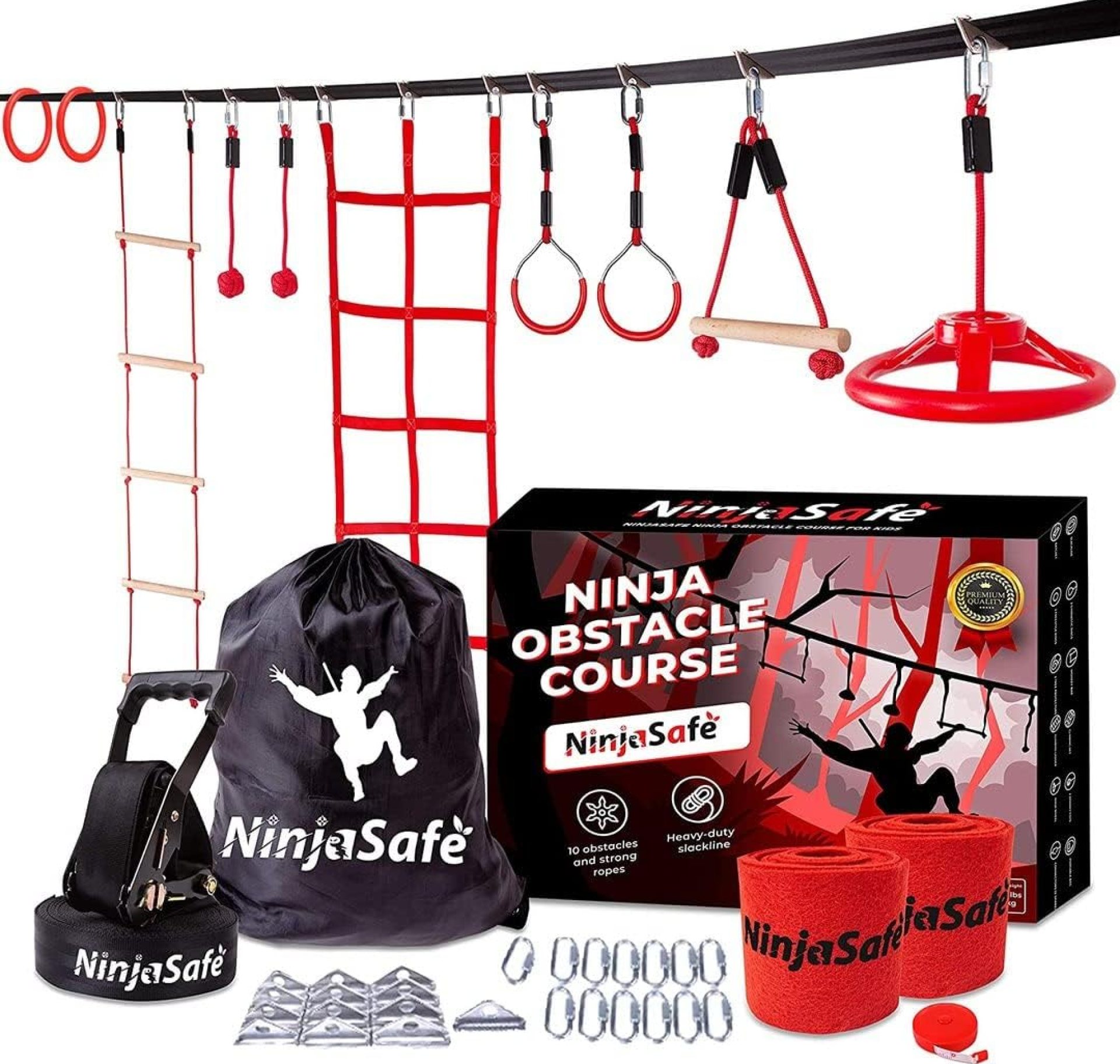 Ninja Obstacle Course for Kids Backyard – 10 Durable Obstacles and 50′ Slackline – Outdoor Warrior Obstacle Playset Equipment for Girls & Boys with Monkey Bars, Ladder, Wheel, Gymnastics, Climbing Net Ninja Obstacle Course for Kids Backyard – 10 Durable Obstacles and 50′ Slackline – Outdoor Warrior Obstacle Playset Equipment for Girls & Boys with Monkey Bars, Ladder, Wheel, Gymnastics, Climbing Net