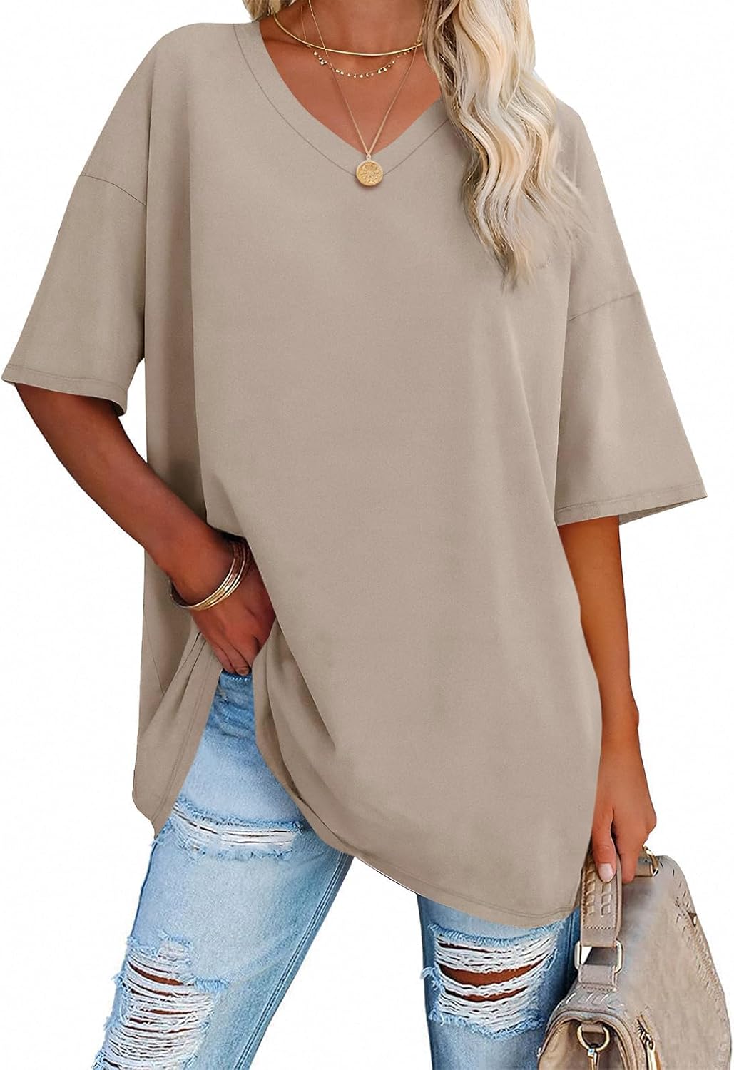 Ebifin Womens Oversized Tshirts V Neck Tee Shirts Half Sleeve Loose Fit T Shirt Cotton Tunic Tops 2024 Ebifin Womens Oversized Tshirts V Neck Tee Shirts Half Sleeve Loose Fit T Shirt Cotton Tunic Tops 2024
