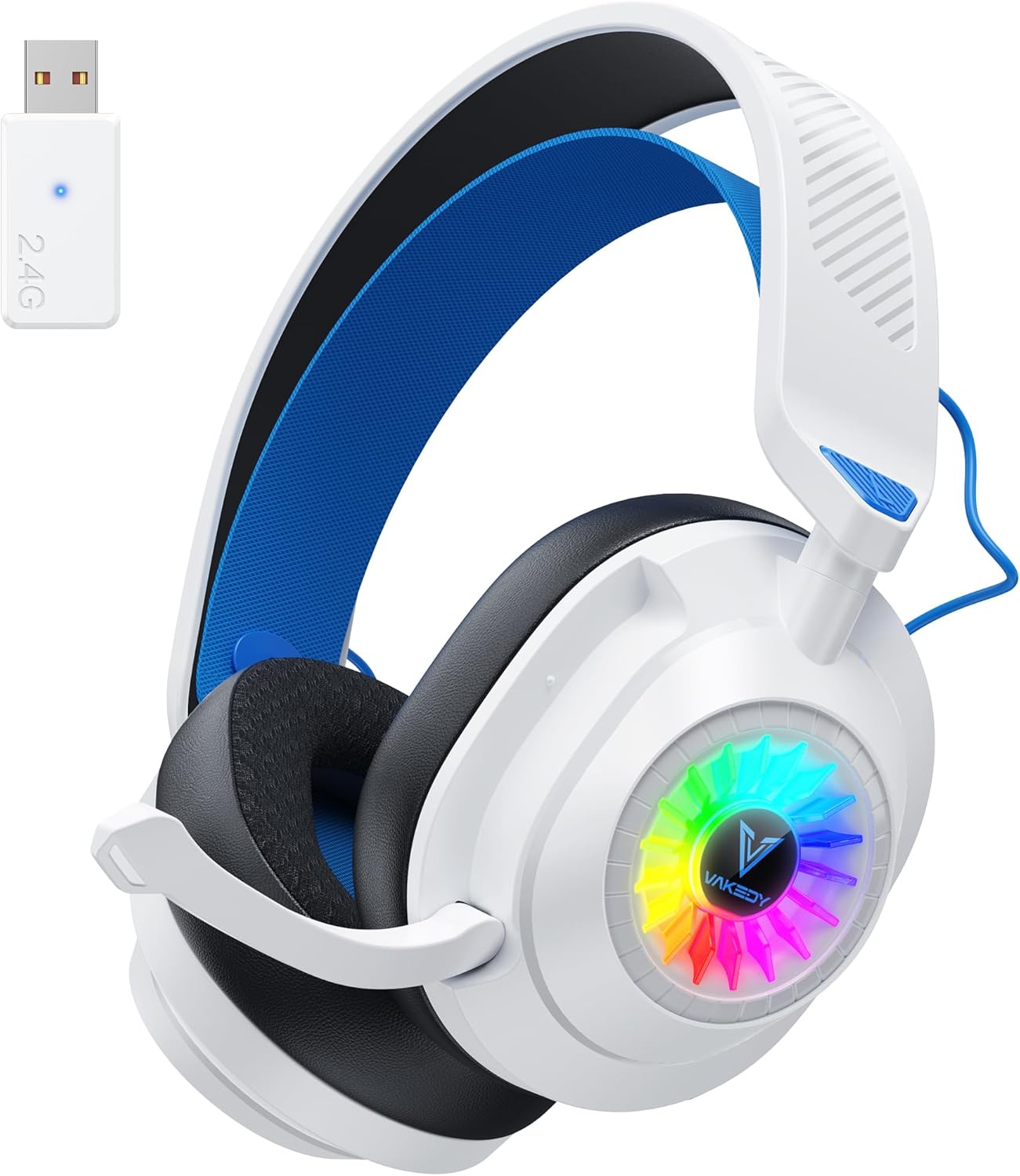 HW10 Wireless Gaming Headset for PS5,PS4,PC,2.4GHz Bluetooth Gaming Headphones with Noise Cancelling Microphone,50Hr Battery Gamer Headset for Switch, Laptop,Mobile,Mac,Cool RGB (White/Blue) HW10 Wireless Gaming Headset for PS5,PS4,PC,2.4GHz Bluetooth Gaming Headphones with Noise Cancelling Microphone,50Hr Battery Gamer Headset for Switch, Laptop,Mobile,Mac,Cool RGB (White/Blue)