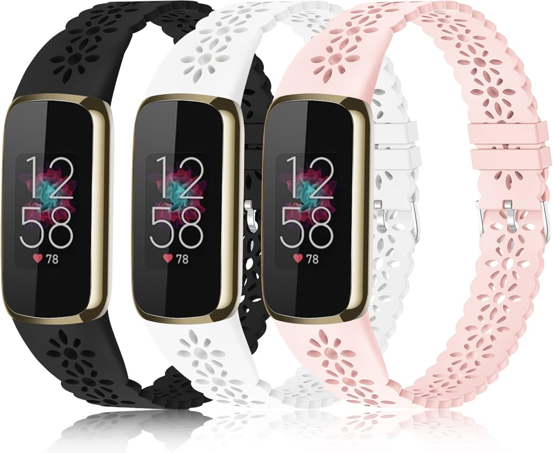 3 Pack Slim Sport Bands Compatible with Fitbit Luxe Band for Women, Soft Silicone Lace Thin Hollow-Out Replacement Wristbands Breathable Bands for Fitbit Luxe Fitness Smart Watch 3 Pack Slim Sport Bands Compatible with Fitbit Luxe Band for Women, Soft Silicone Lace Thin Hollow-Out Replacement Wristbands Breathable Bands for Fitbit Luxe Fitness Smart Watch