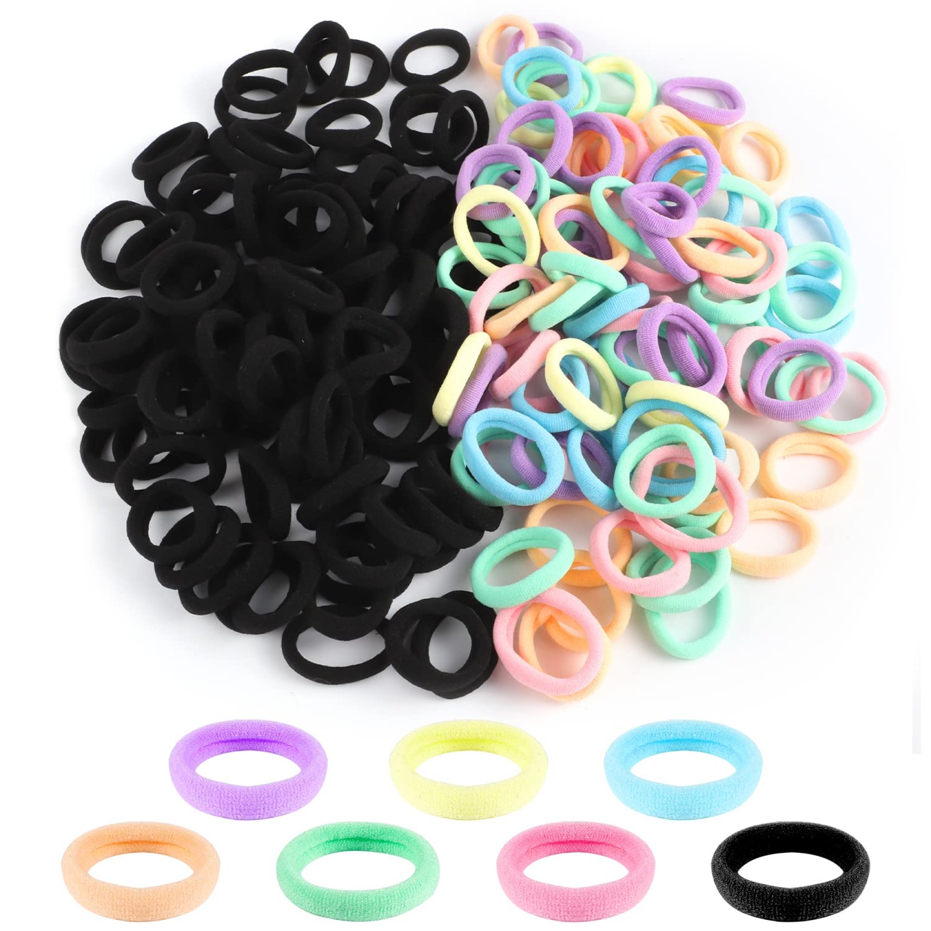 200Pcs Baby Hair Ties, 1 Inch Seamless Toddler Hair Ties for Girls and Kids, Multicolor and Black Hair Bands Elastic Ponytail Holders 200Pcs Baby Hair Ties, 1 Inch Seamless Toddler Hair Ties for Girls and Kids, Multicolor and Black Hair Bands Elastic Ponytail Holders