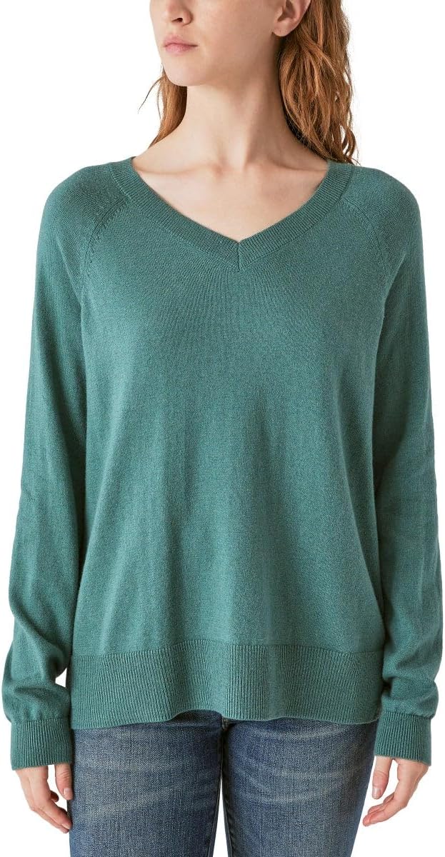 Lucky Brand Women’s V-Neck Sweater, Long Sleeves, Side Slits, Cotton Blend, Cream/Green/Red/Black Lucky Brand Women’s V-Neck Sweater, Long Sleeves, Side Slits, Cotton Blend, Cream/Green/Red/Black
