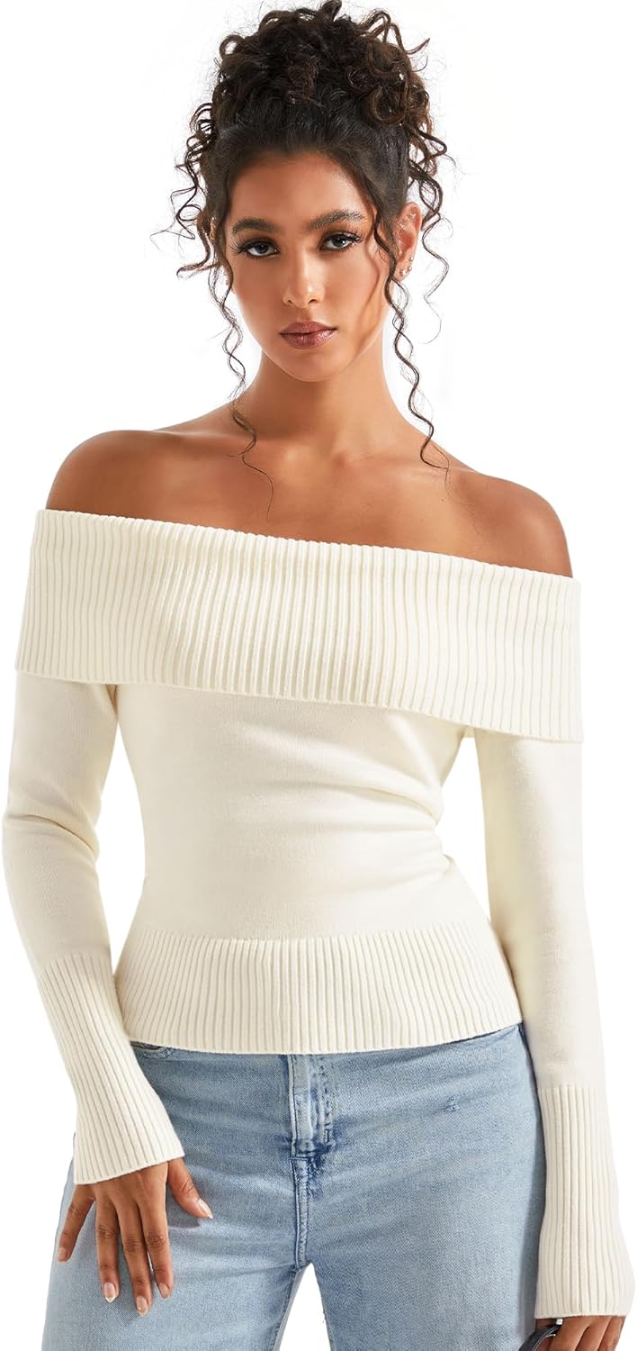 SUUKSESS Women Off Shoulder Sweaters Long Sleeve Ribbed Knit Going Out Fall Tops Blouse SUUKSESS Women Off Shoulder Sweaters Long Sleeve Ribbed Knit Going Out Fall Tops Blouse