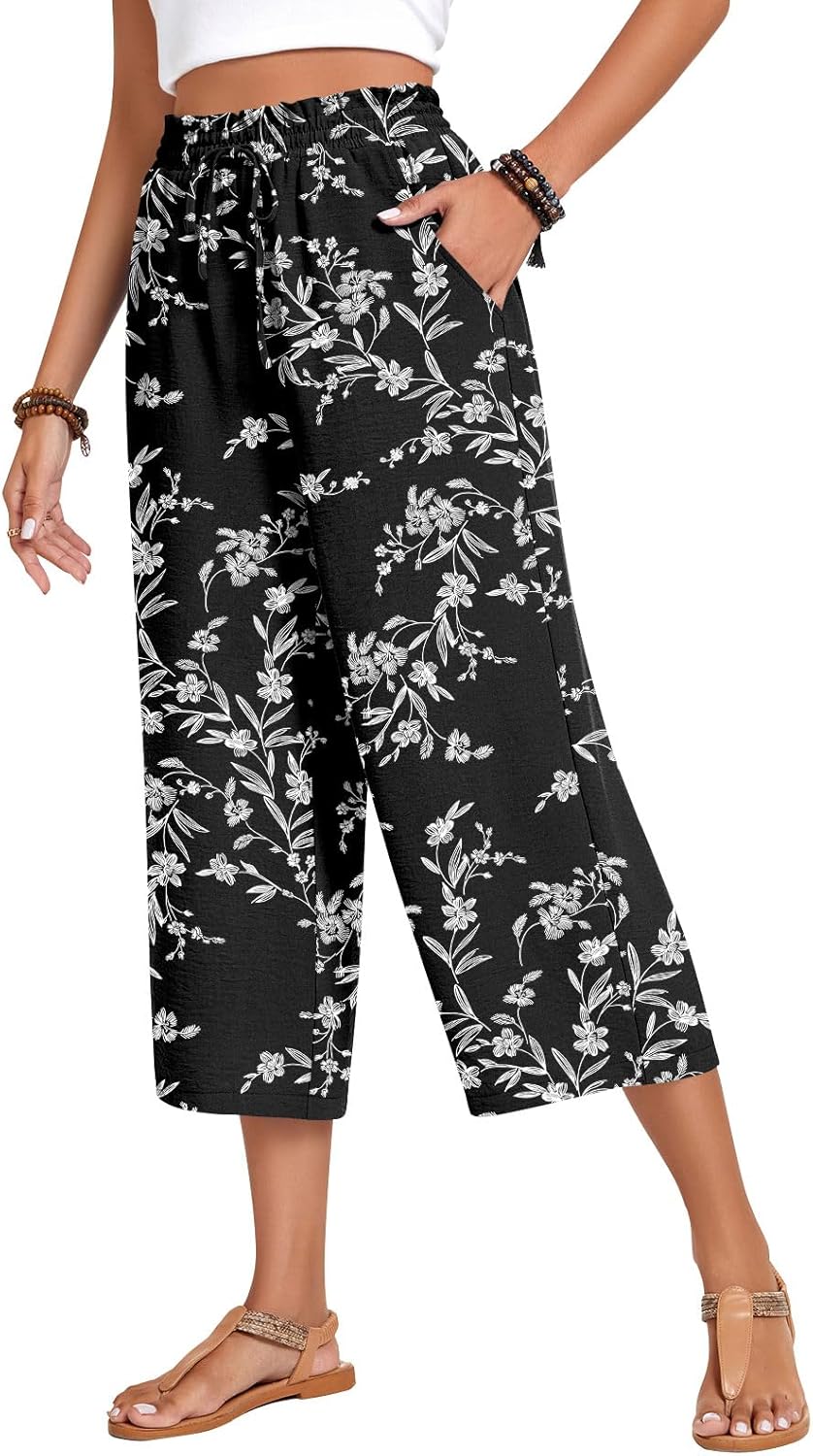 Anyhold Womens Capri Pants Loose High Waisted Wide Leg Lounge Pants Drawstring Casual Palazzo Trousers with Pockets Anyhold Womens Capri Pants Loose High Waisted Wide Leg Lounge Pants Drawstring Casual Palazzo Trousers with Pockets