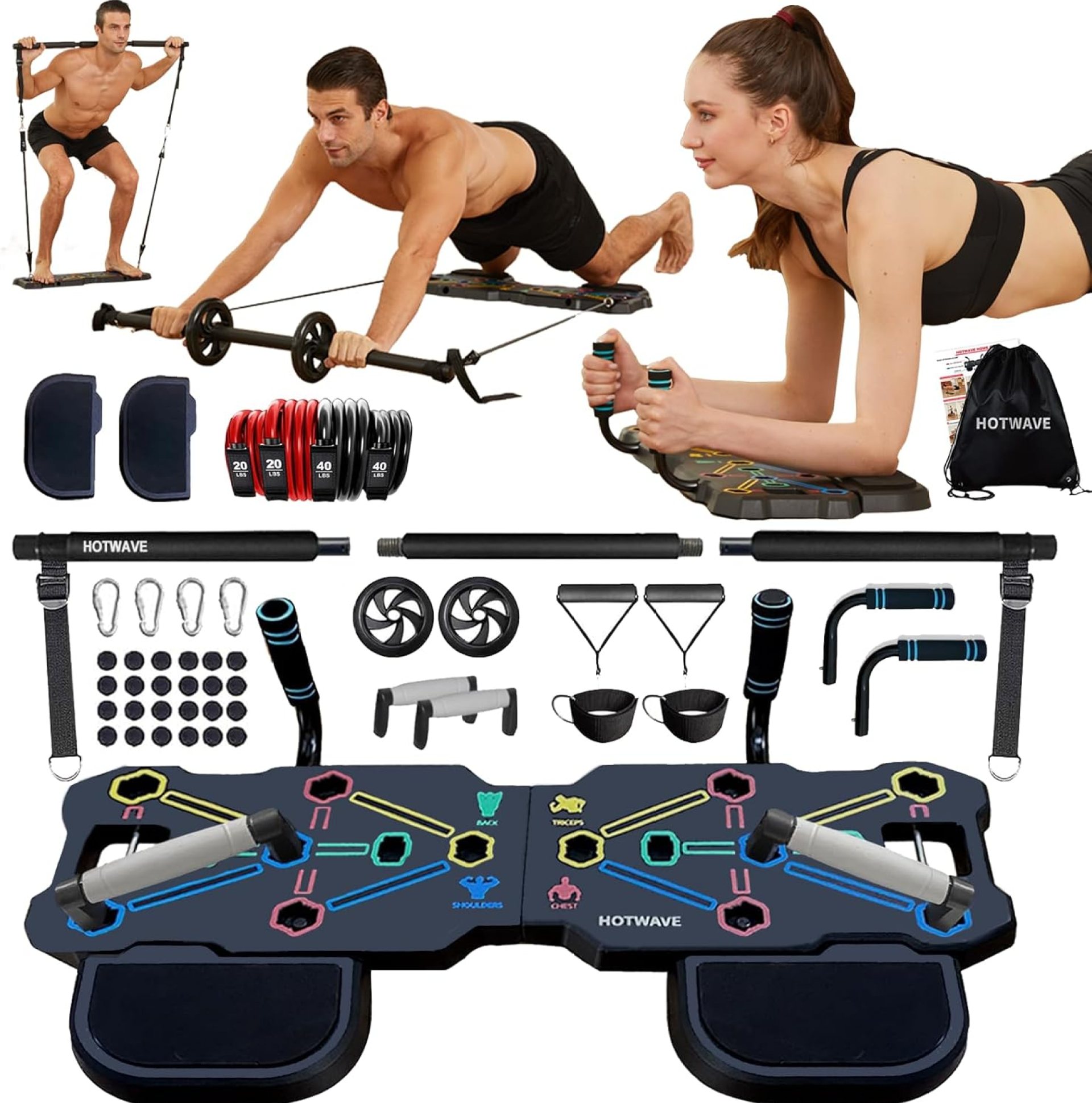 HOTWAVE Portable Workout Equipment with 20 Gym Accessories.Push Up Board &Plank,Resistance Band with Ab Roller Wheel,Exercise at Home For Men and Women HOTWAVE Portable Workout Equipment with 20 Gym Accessories.Push Up Board &Plank,Resistance Band with Ab Roller Wheel,Exercise at Home For Men and Women