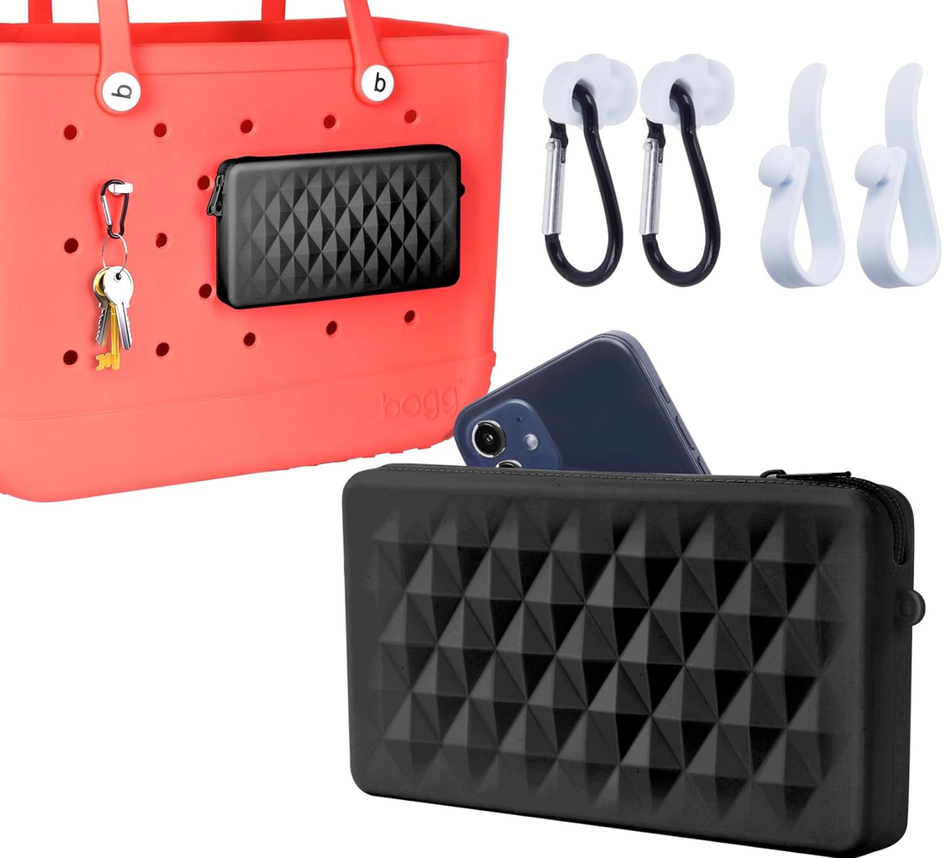 Phone Holder Pouch for Bogg Bag Accessories, Universal Silicone Phone Holder Compatible with Simple Modern Beach Tote L/XL and Fits Bogg Bag XL, Zipper Pouch with 4 Hooks Black Phone Holder Pouch for Bogg Bag Accessories, Universal Silicone Phone Holder Compatible with Simple Modern Beach Tote L/XL and Fits Bogg Bag XL, Zipper Pouch with 4 Hooks Black