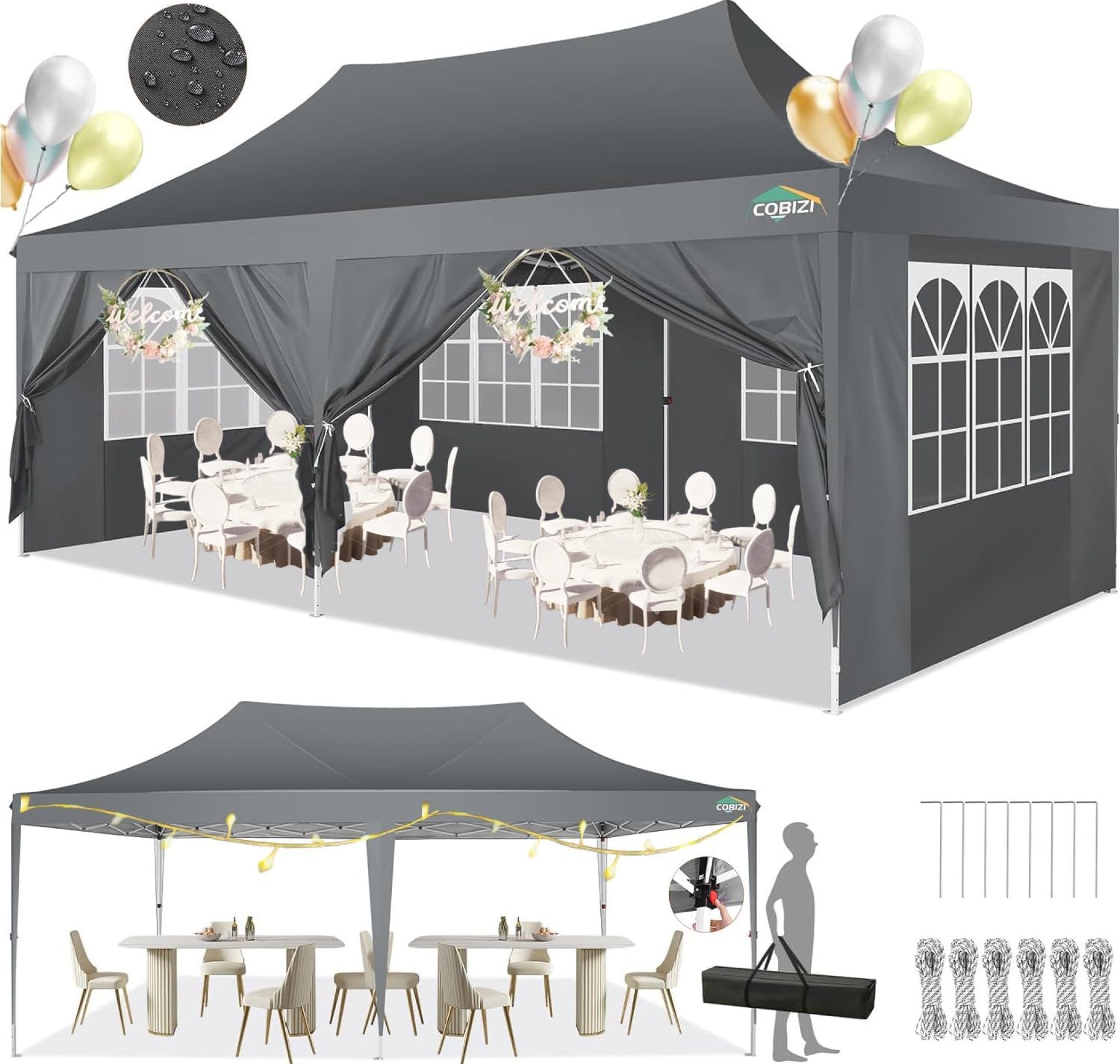 COBIZI 10×20 Pop Up Canopy with 6 Sidewalls, Conical Canopy Tent 10×20 with 3 Adjustable Height Waterproof, UV-Resistant with Carry Bag, Stakes, Ropes for Parties, Commercial, Gray(Frame Upgraded) COBIZI 10×20 Pop Up Canopy with 6 Sidewalls, Conical Canopy Tent 10×20 with 3 Adjustable Height Waterproof, UV-Resistant with Carry Bag, Stakes, Ropes for Parties, Commercial, Gray(Frame Upgraded)