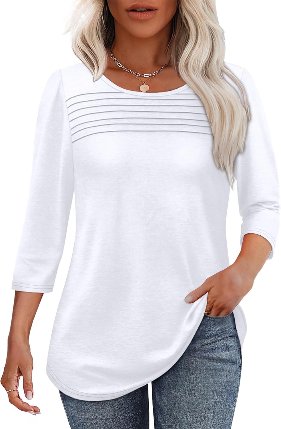 OFEEFAN Womens Tops 3/4 Length Sleeve Blouses Dressy Casual Spring Summer Outfits Pleated Front T Shirts Curved Hem OFEEFAN Womens Tops 3/4 Length Sleeve Blouses Dressy Casual Spring Summer Outfits Pleated Front T Shirts Curved Hem