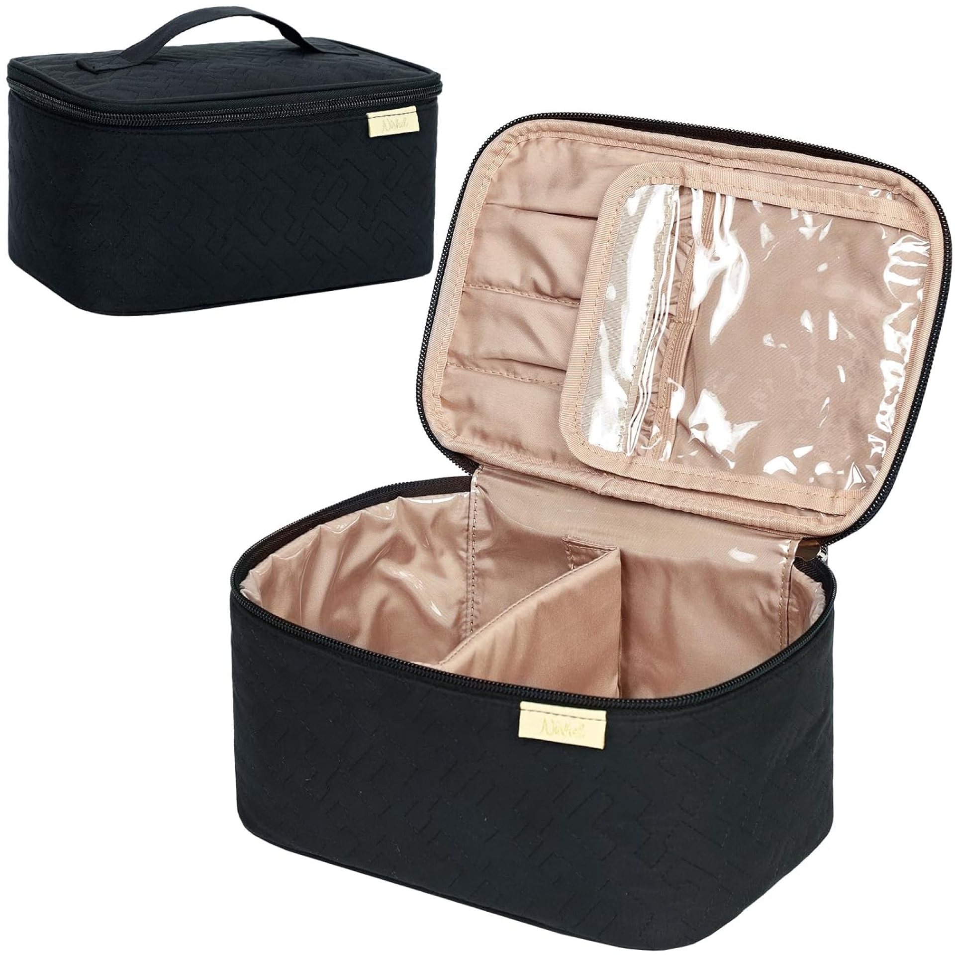 NISHEL Travel Makeup Bag Women, Cosmetic Organizer Case, Portable Essentials Case for Travel-Size Accessories Bottles, Brushes, and Skin Care Products, Black NISHEL Travel Makeup Bag Women, Cosmetic Organizer Case, Portable Essentials Case for Travel-Size Accessories Bottles, Brushes, and Skin Care Products, Black