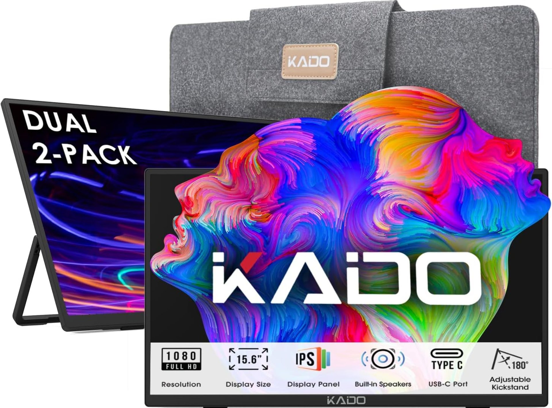 Kado Dual Portable Monitor Setup – 2-Pack 15.6″ FHD for Laptop, 1920×1080 IPS HDMI USB Type-C Screen Extender, Built-in Speakers, Stacked Setup for Office Gaming Daytrading Kado Dual Portable Monitor Setup – 2-Pack 15.6″ FHD for Laptop, 1920×1080 IPS HDMI USB Type-C Screen Extender, Built-in Speakers, Stacked Setup for Office Gaming Daytrading