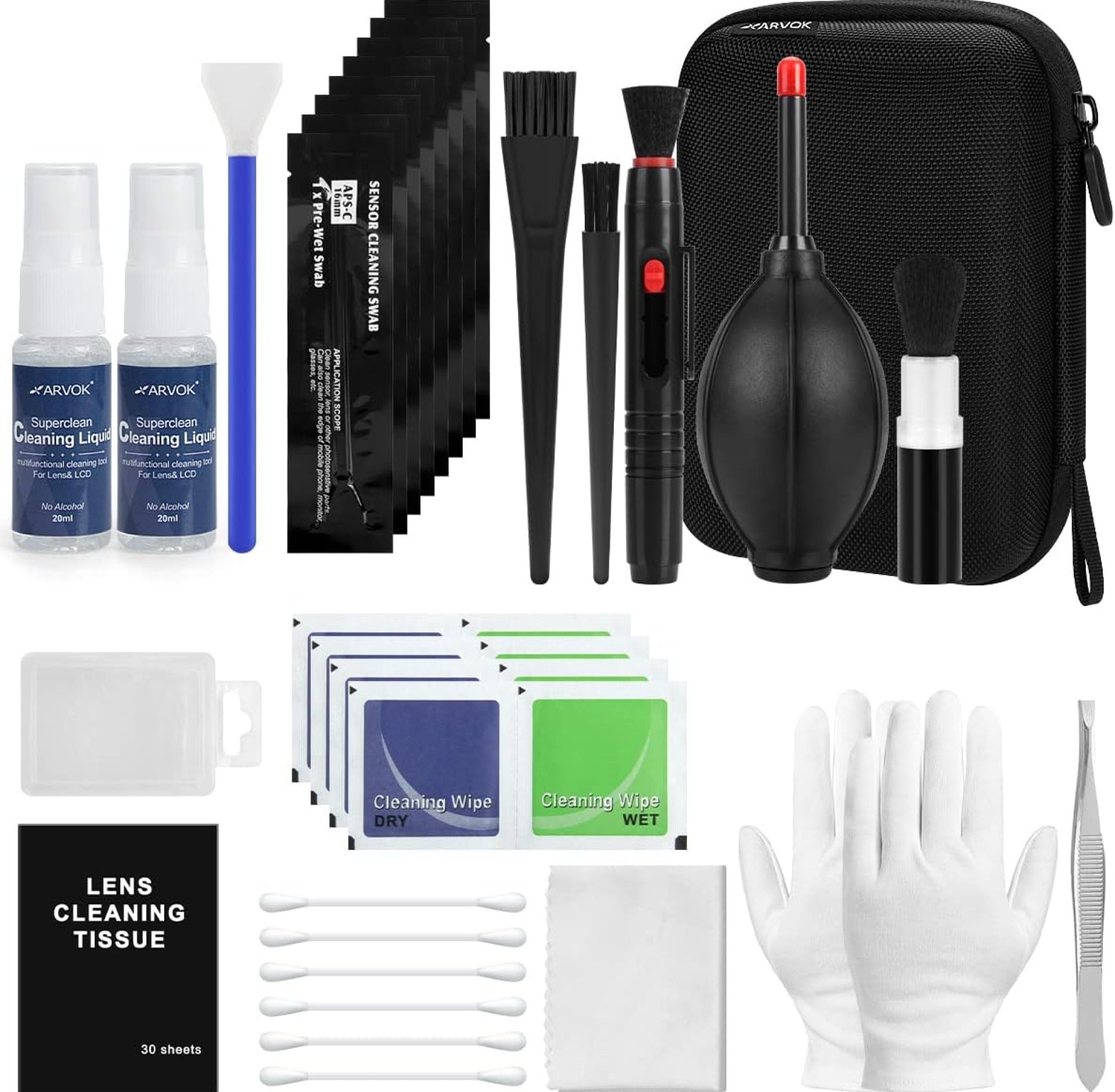 ARVOK Professional Camera Cleaning Kit(32 pcs), Including Air Blower/Cleaning Pen/Cleaning Spray/Cleaning Cloth/Lens Brush, Lens Cleaning Kit for DSLR Cameras Compatible with Canon, Nikon, Sony ARVOK Professional Camera Cleaning Kit(32 pcs), Including Air Blower/Cleaning Pen/Cleaning Spray/Cleaning Cloth/Lens Brush, Lens Cleaning Kit for DSLR Cameras Compatible with Canon, Nikon, Sony