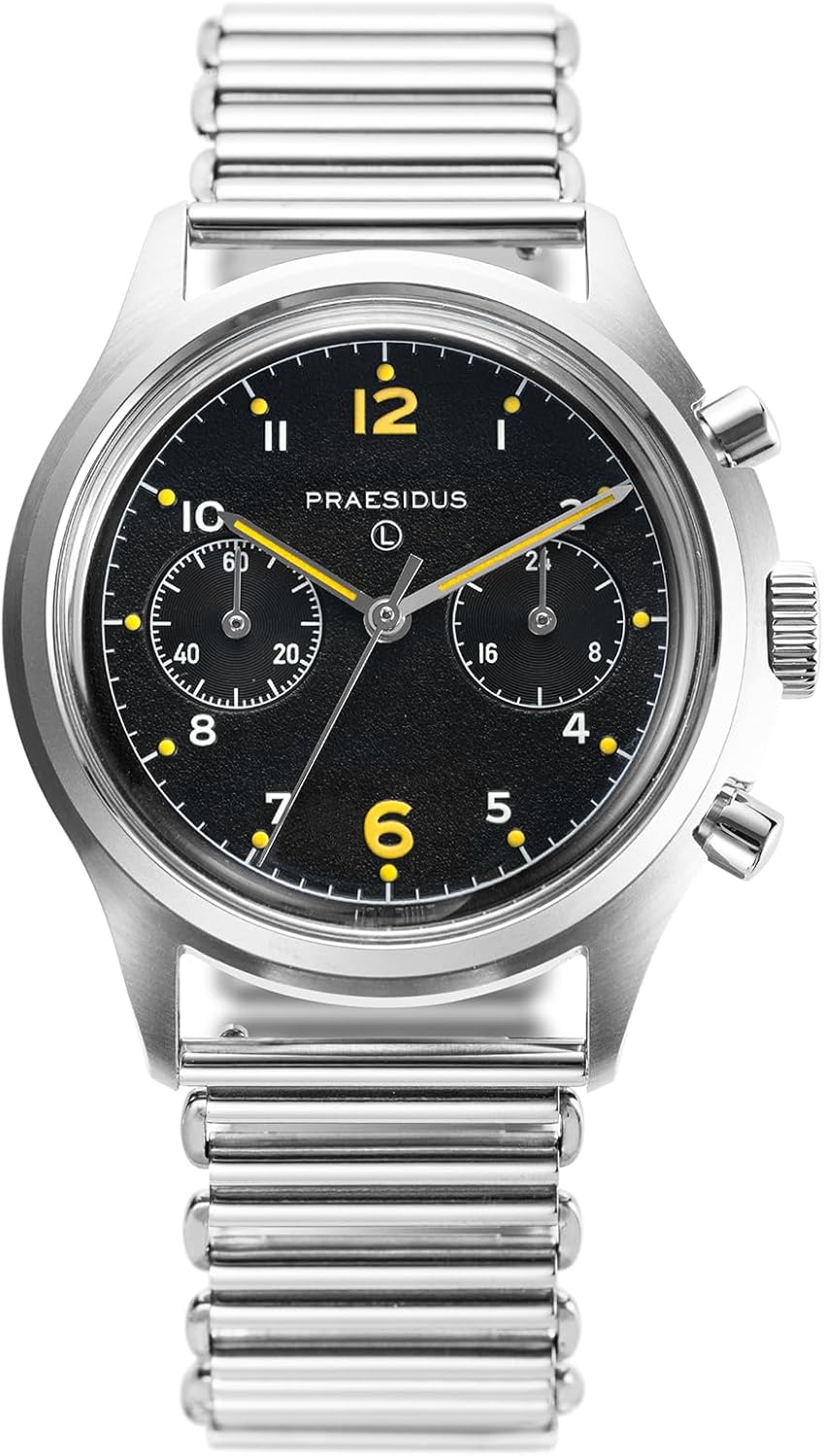 The PAC-76 Men’s Military Chronograph Watch, 38mm, Yellow Indexes, Black Dial, Stainless Steel Bonklip/Leather/Canvas Bracelet The PAC-76 Men’s Military Chronograph Watch, 38mm, Yellow Indexes, Black Dial, Stainless Steel Bonklip/Leather/Canvas Bracelet