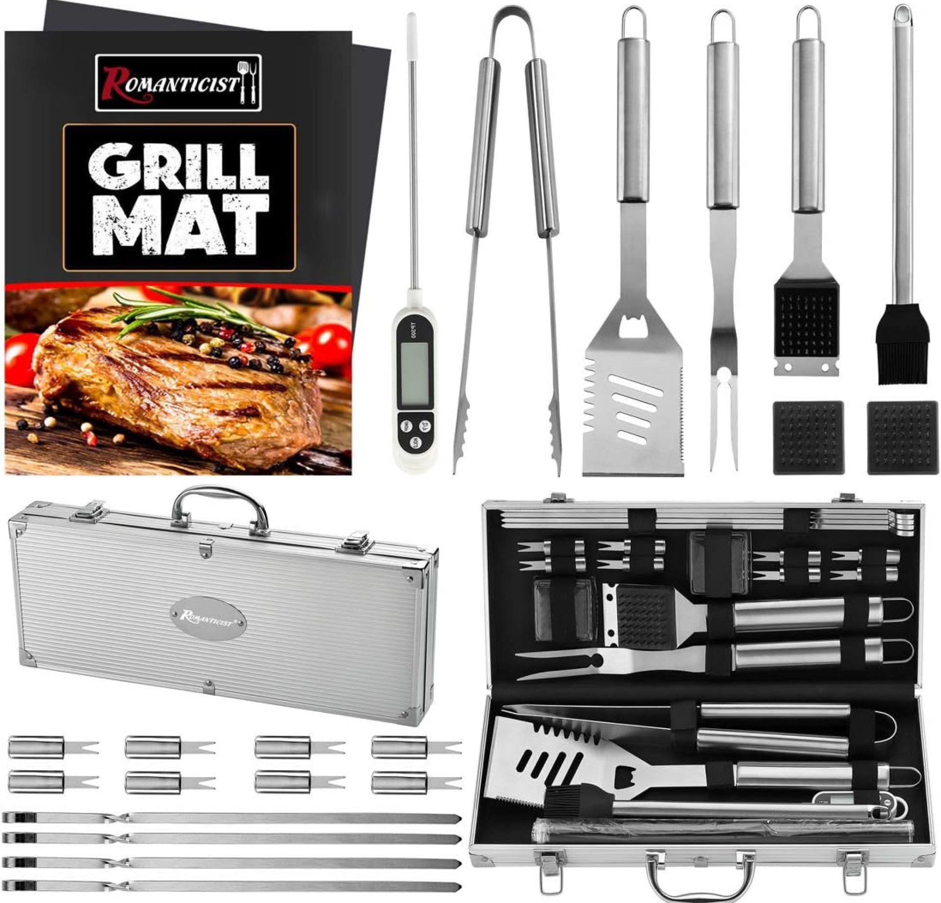 ROMANTICIST 23pc Must-Have BBQ Grill Accessories Set with Thermometer in Case – Stainless Steel Barbecue Tool Set with 2 Grill Mats for Backyard Outdoor Camping – Father’s Day Best Barbecue Gift ROMANTICIST 23pc Must-Have BBQ Grill Accessories Set with Thermometer in Case – Stainless Steel Barbecue Tool Set with 2 Grill Mats for Backyard Outdoor Camping – Father’s Day Best Barbecue Gift