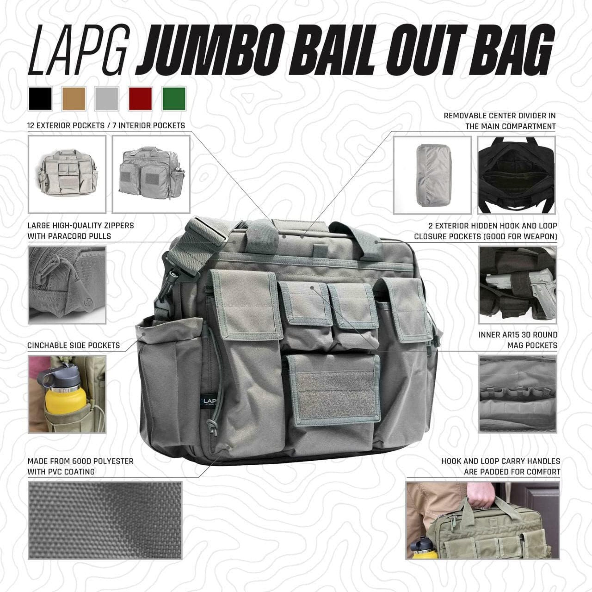 LAPG Camping Gear Jumbo Bail Out Bag, Survival Gear Range Bag, Multiple Pockets, Multi-functional Hiking Gear Bug Out Bag, Grey LAPG Camping Gear Jumbo Bail Out Bag, Survival Gear Range Bag, Multiple Pockets, Multi-functional Hiking Gear Bug Out Bag, Grey